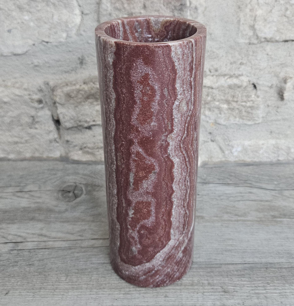 Vintage Red Onyx Marble Vase Cylinder Shape 19.5cm Tall