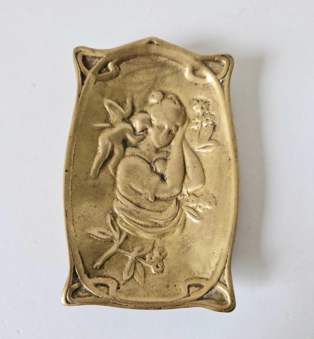 Antique Art Nouveau Jugendstil Heavy Cast Brass Sleeping Lady & Putti Pin Dish