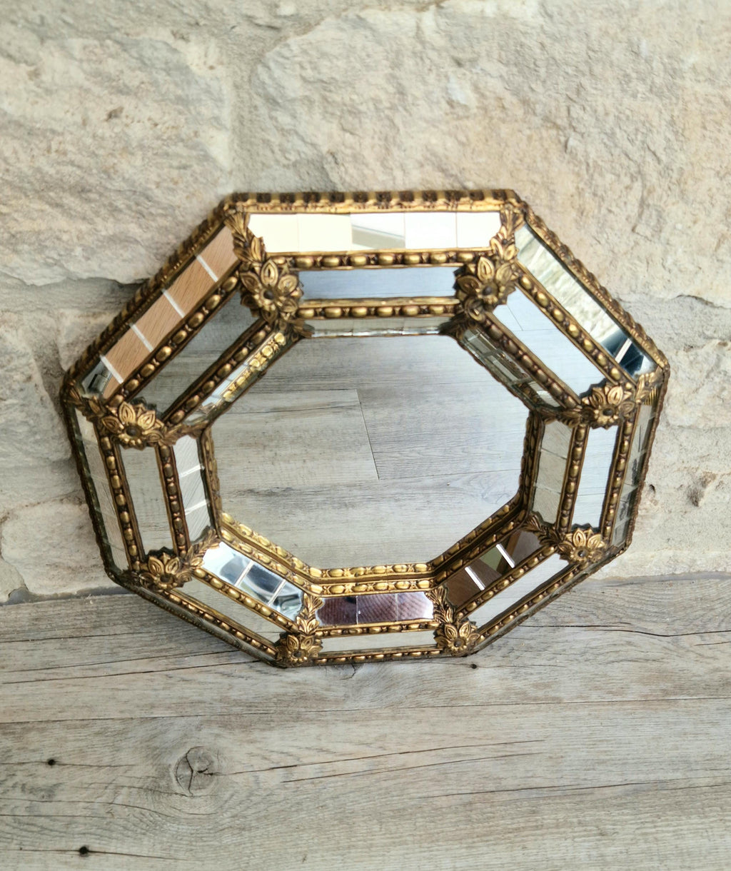 Vintage Small Octagonal Venetian Mirror Hollywood Regency Brass Floral Accents 29.5cm Italy 1970s