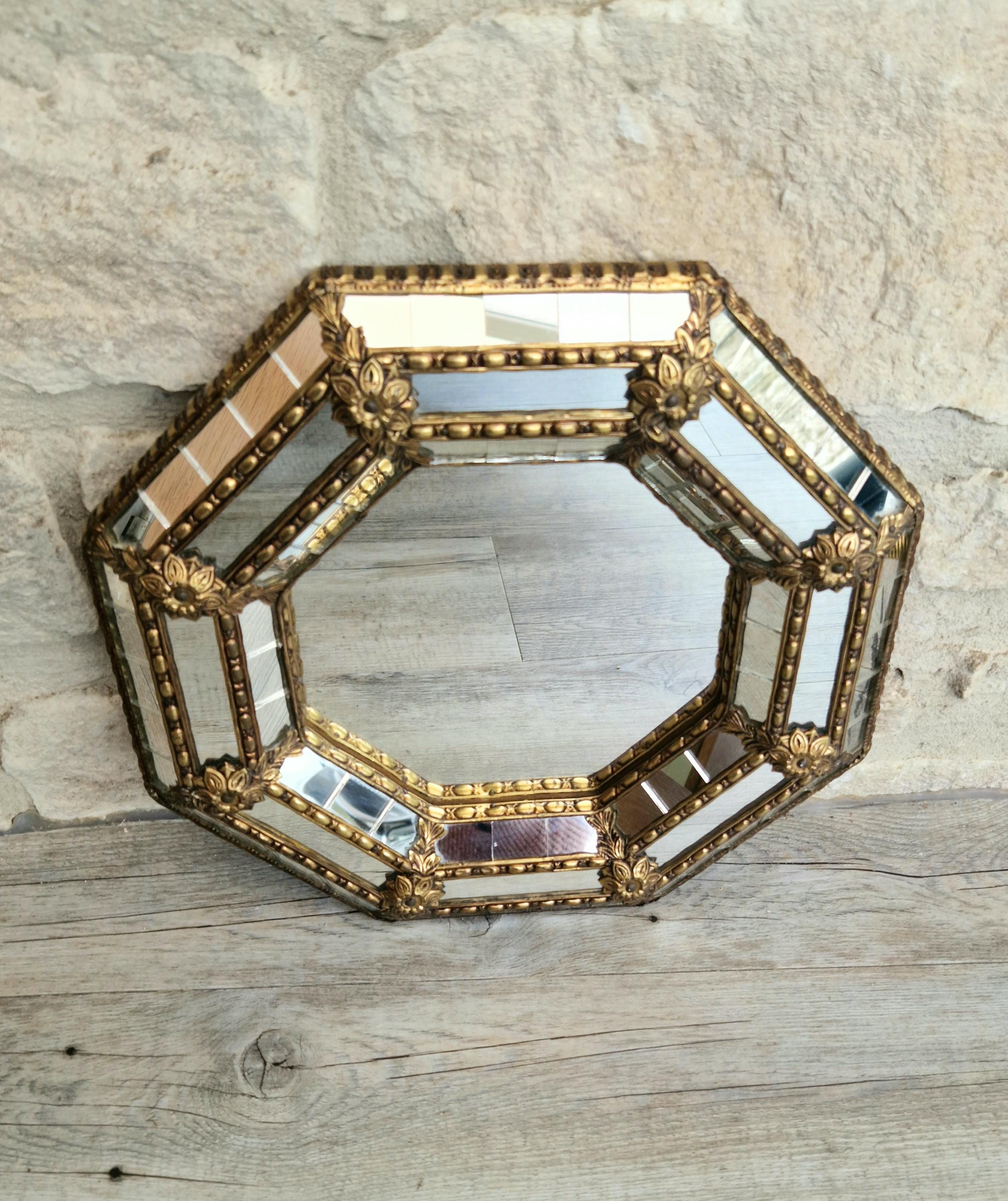 Vintage Small Octagonal Venetian Mirror Hollywood Regency Brass Floral Accents 29.5cm Italy 1970s