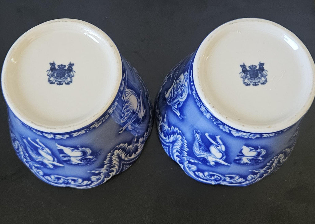 Vintage Staffordshire Pottery Planters: Blue & White Neoclassical Scalloped Edge