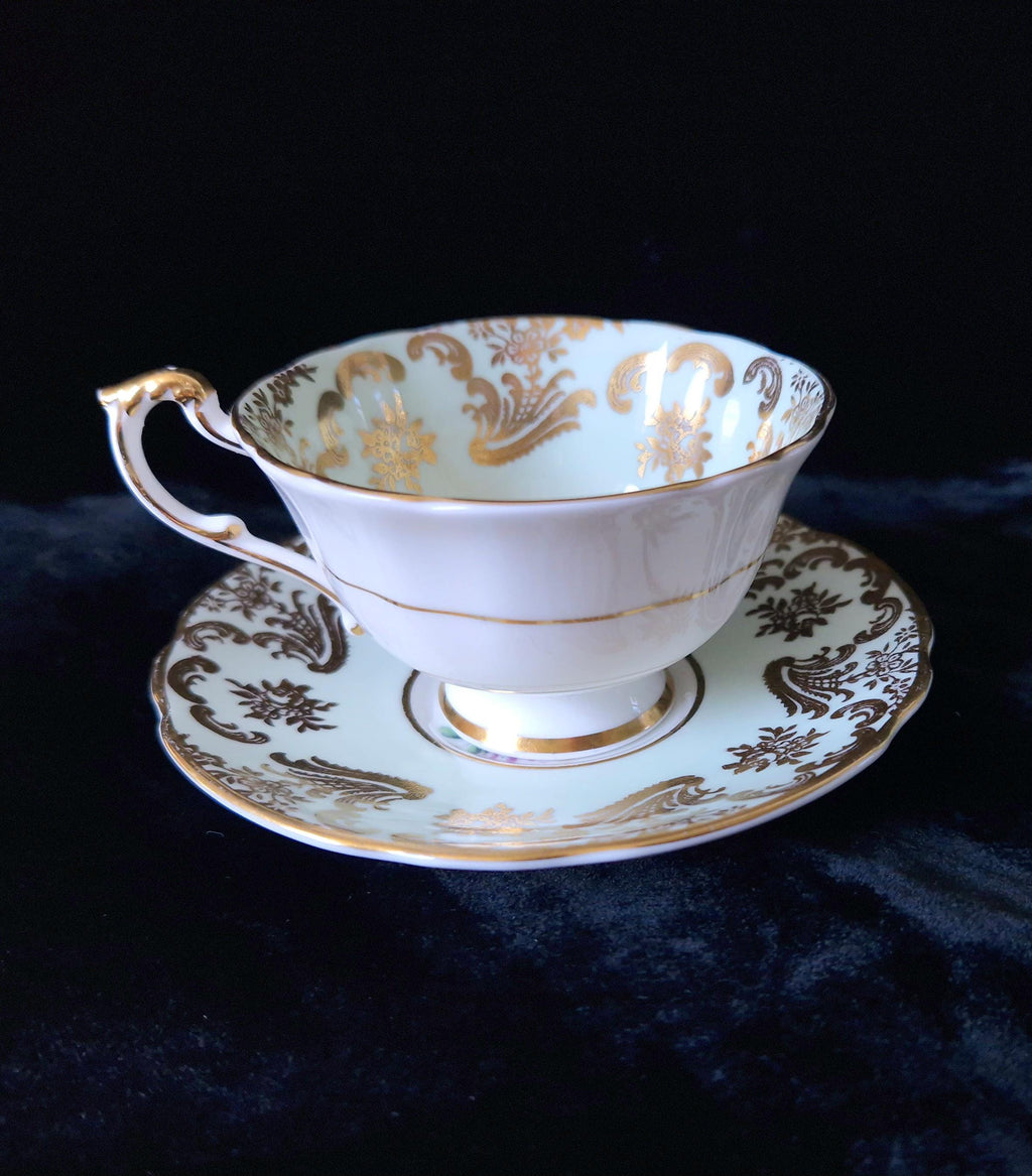 Paragon Mint Green Cabbage Rose Tea Cup & Saucer Set (4) Vintage Gold Gilt China
