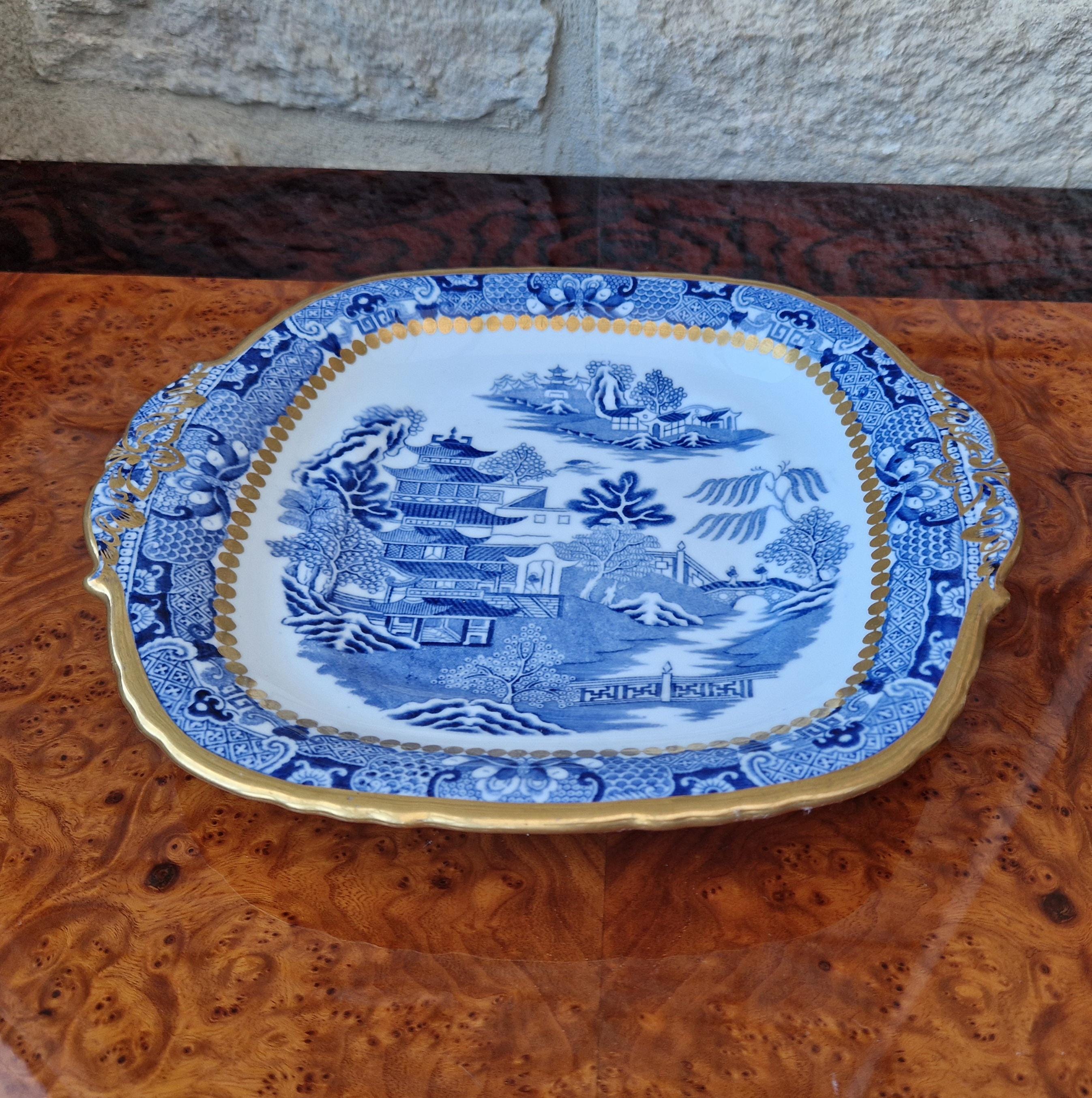 Davenport Longport England Blue & White Gilt Two Temples Porcelain Handle Platter c.1870-1886