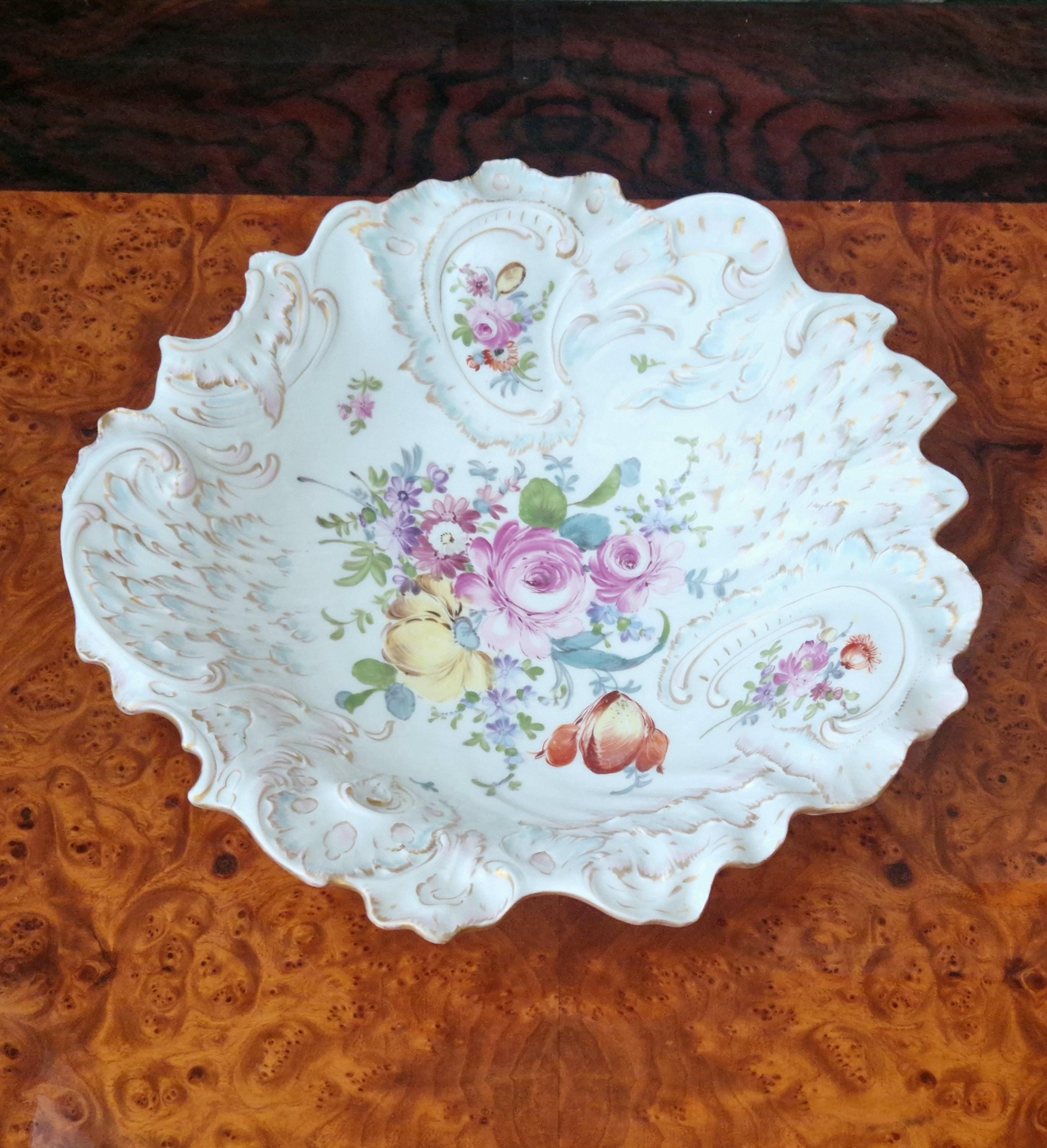 Antique Large 19th C. Dresden Ruffled Edge Rococo Style Floral Gilded Centrepiece Serving Bowl