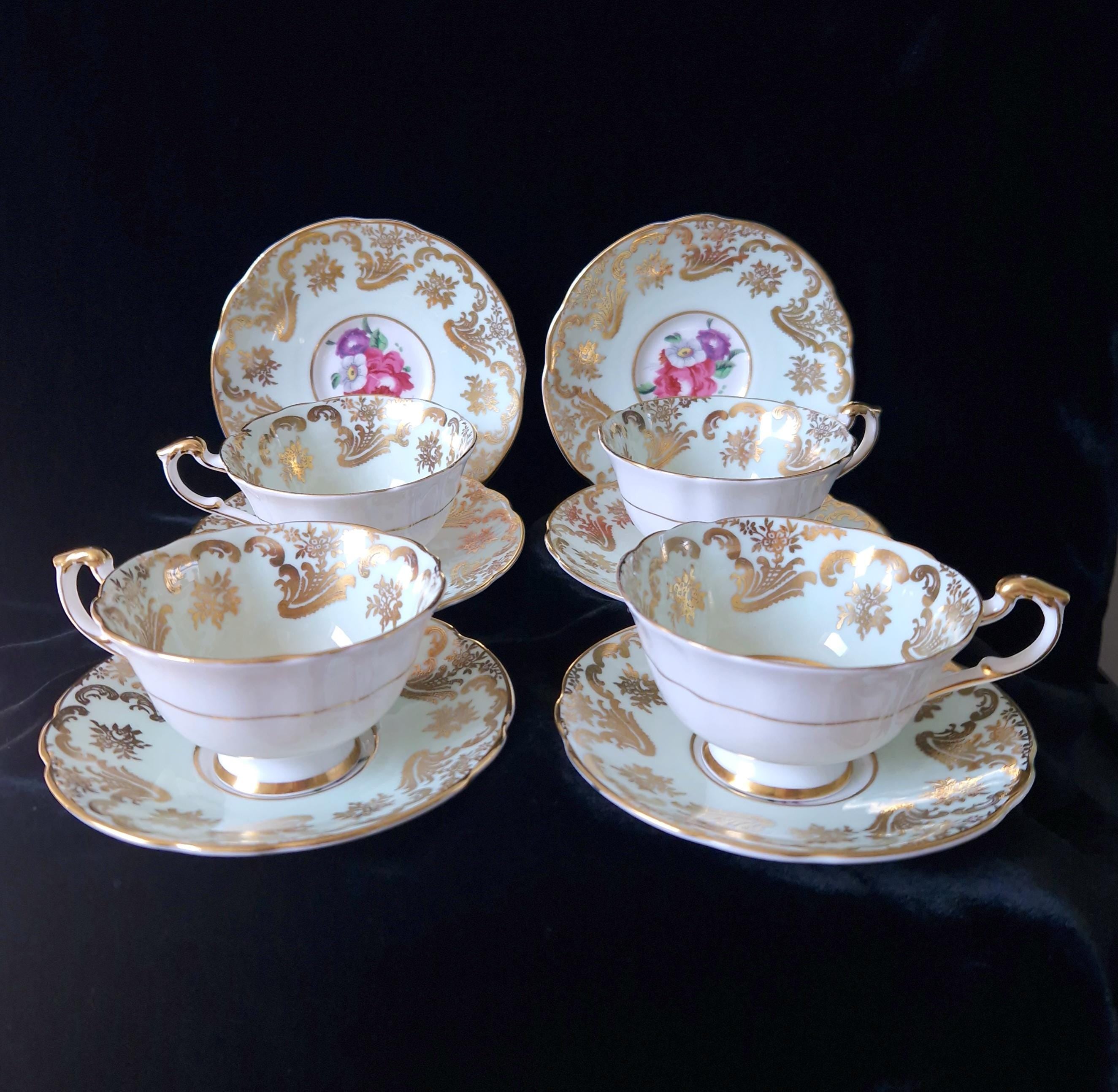 Paragon Mint Green Cabbage Rose Tea Cup & Saucer Set (4) Vintage Gold Gilt China