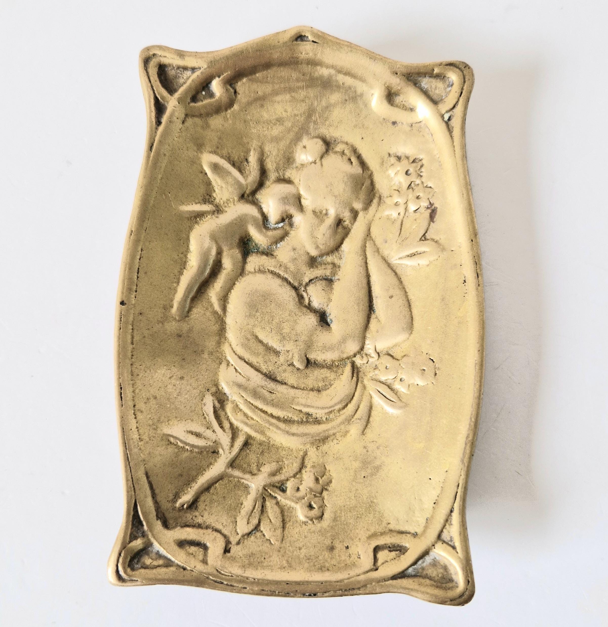 Antique Art Nouveau Jugendstil Heavy Cast Brass Sleeping Lady & Putti Pin Dish