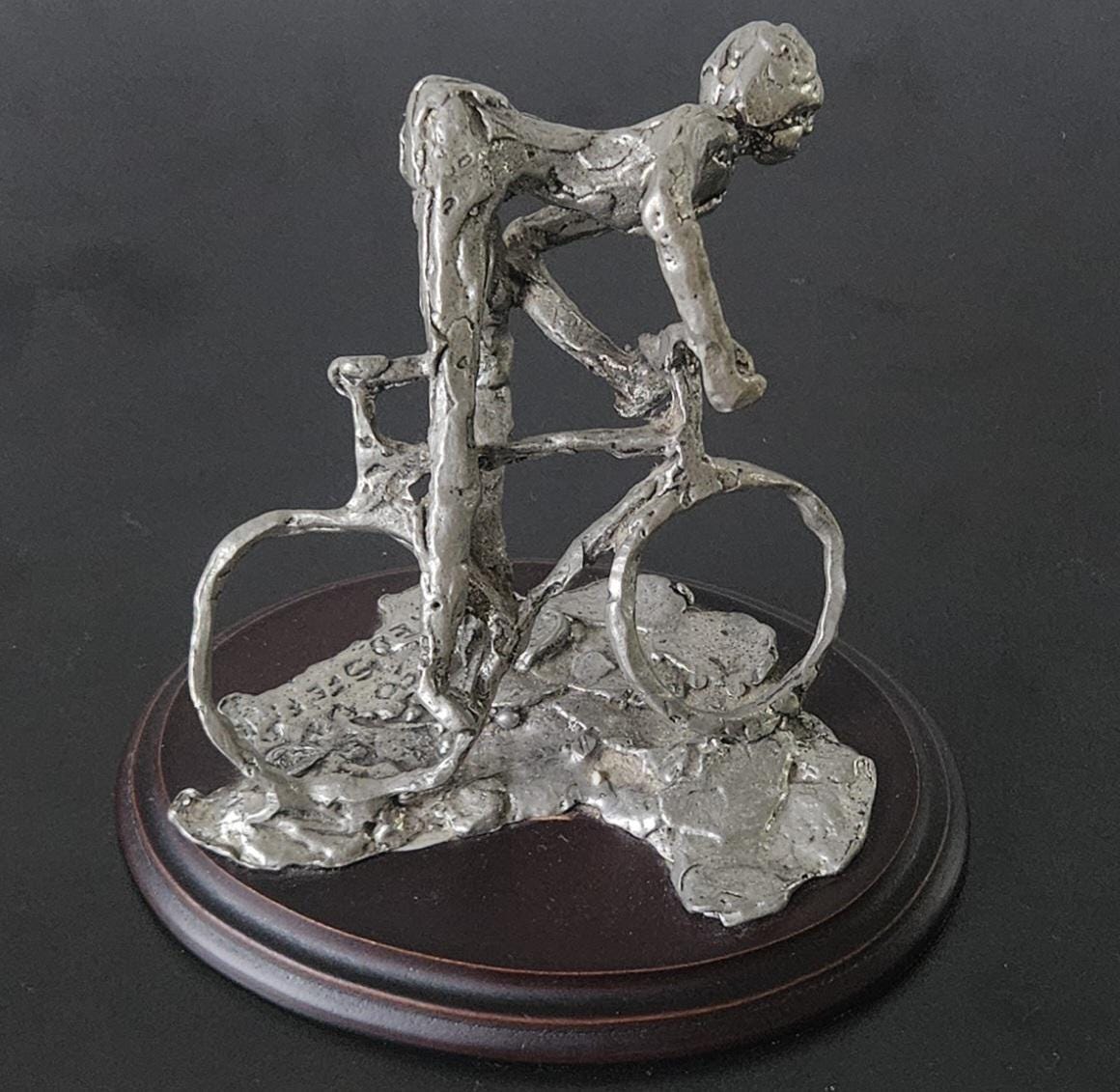 Vintage Pewter Biker Cyclist Sculpture Figure On Plinth Signed Handcrafted 1990s