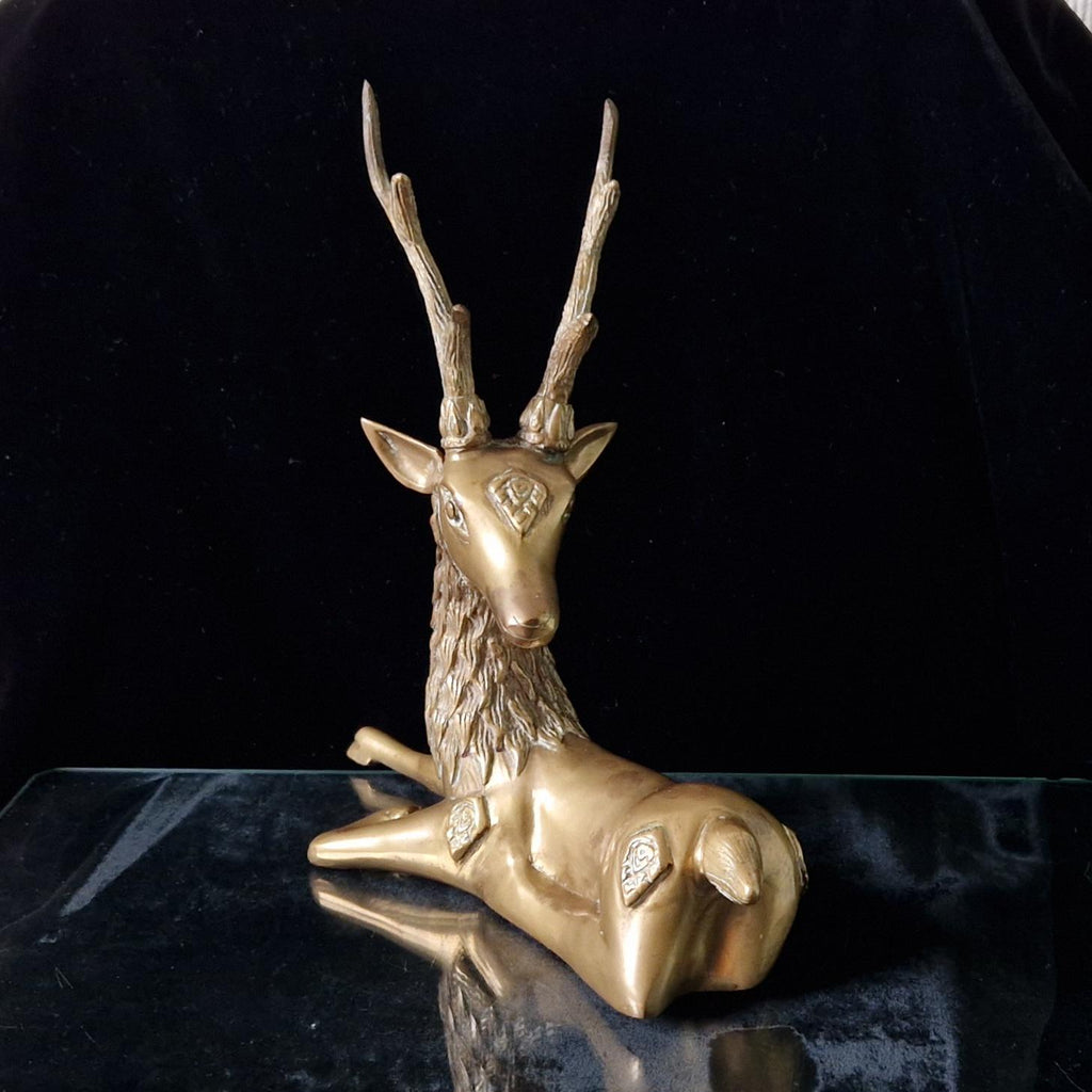 Vintage Heavy Brass Recumbant Deer Art Sculpture a la Sarreid Design Desk Ornament 1970's