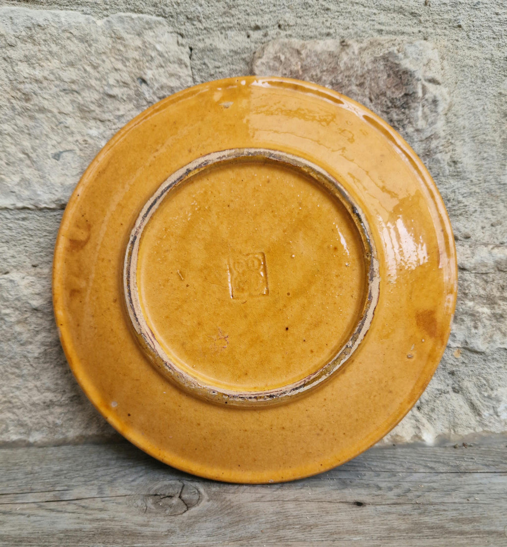 Vintage French Rustic BIOT Ceramic Concentric Circles Motif Yellow Glaze Dessert Plate