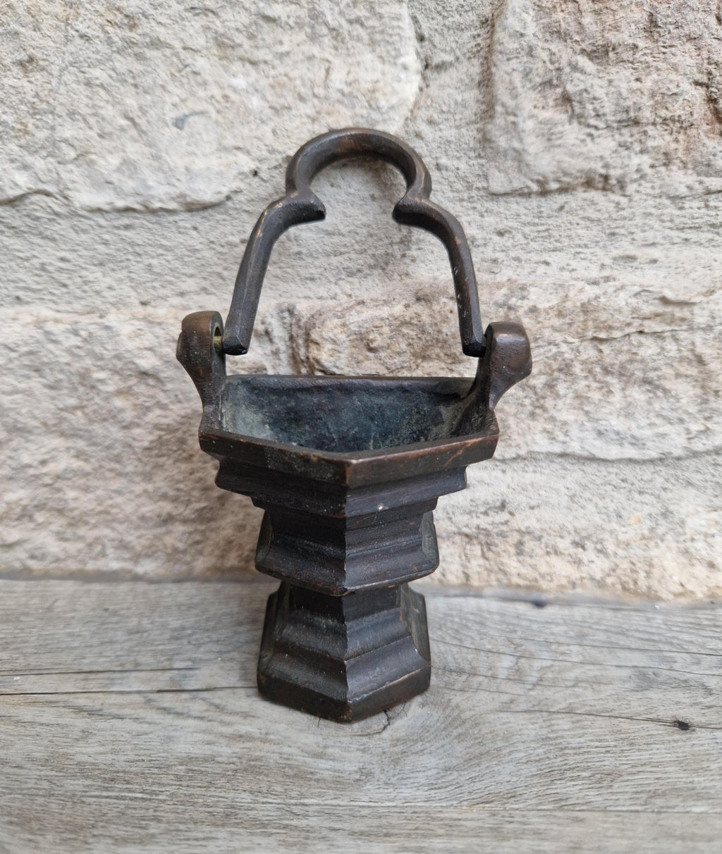 Antique Flemish Bronze Tri-Foil Handled Gothic Holy Water Pail c17th Century