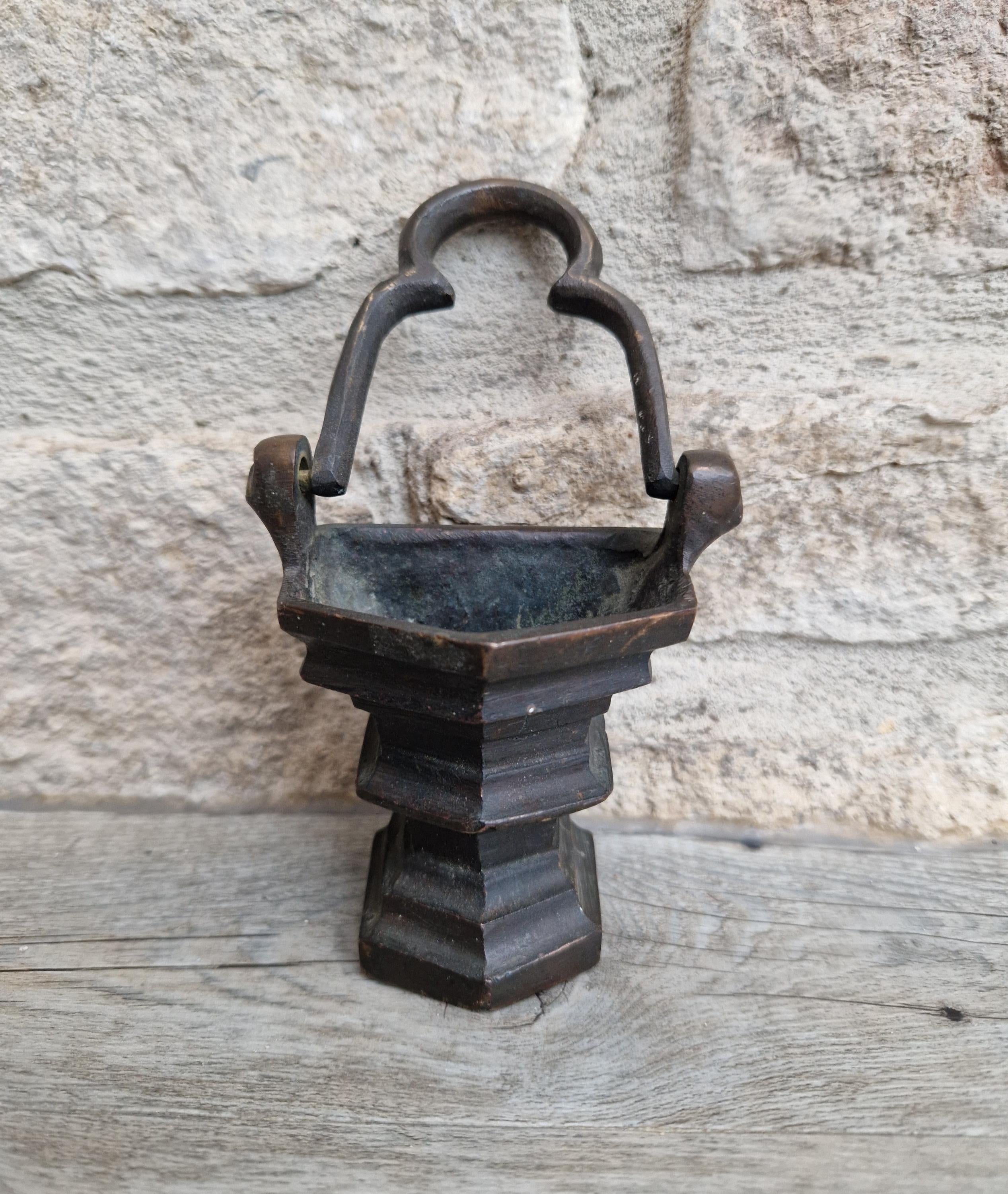 Antique Flemish Bronze Tri-Foil Handled Gothic Holy Water Pail c17th Century