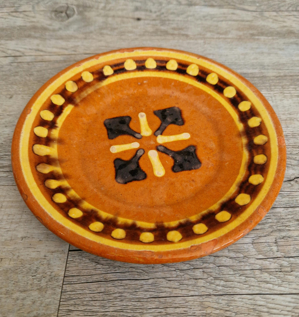 Vintage French Rustic BIOT Ceramic Double Cross Motif Dessert Plate