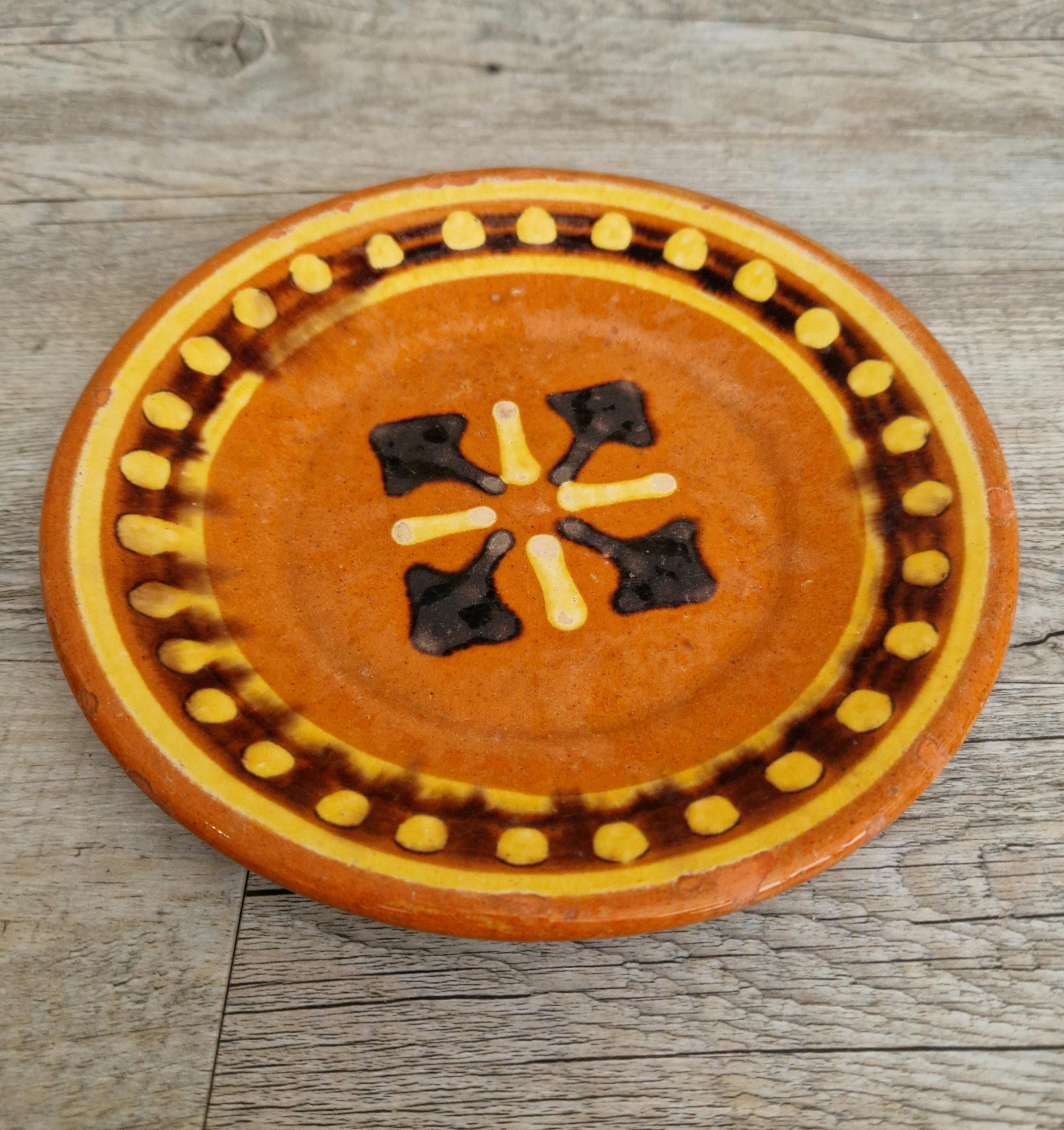 Vintage French Rustic BIOT Ceramic Double Cross Motif Dessert Plate