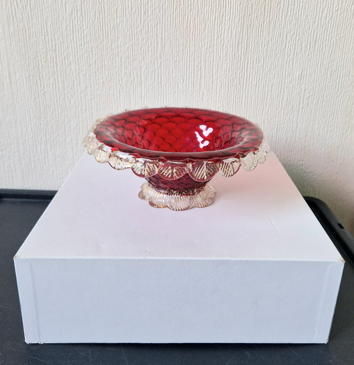 1960's Ruby Red & Gold Flecks Salviati Venetian Art Glass Pedestal Bowl
