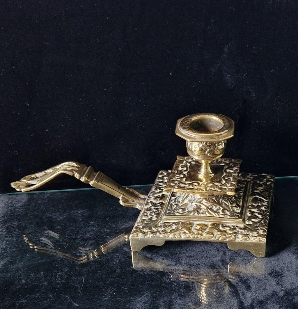 Fine French Antique Rococo Solid Brass Square Tiered Footed Chamberstick