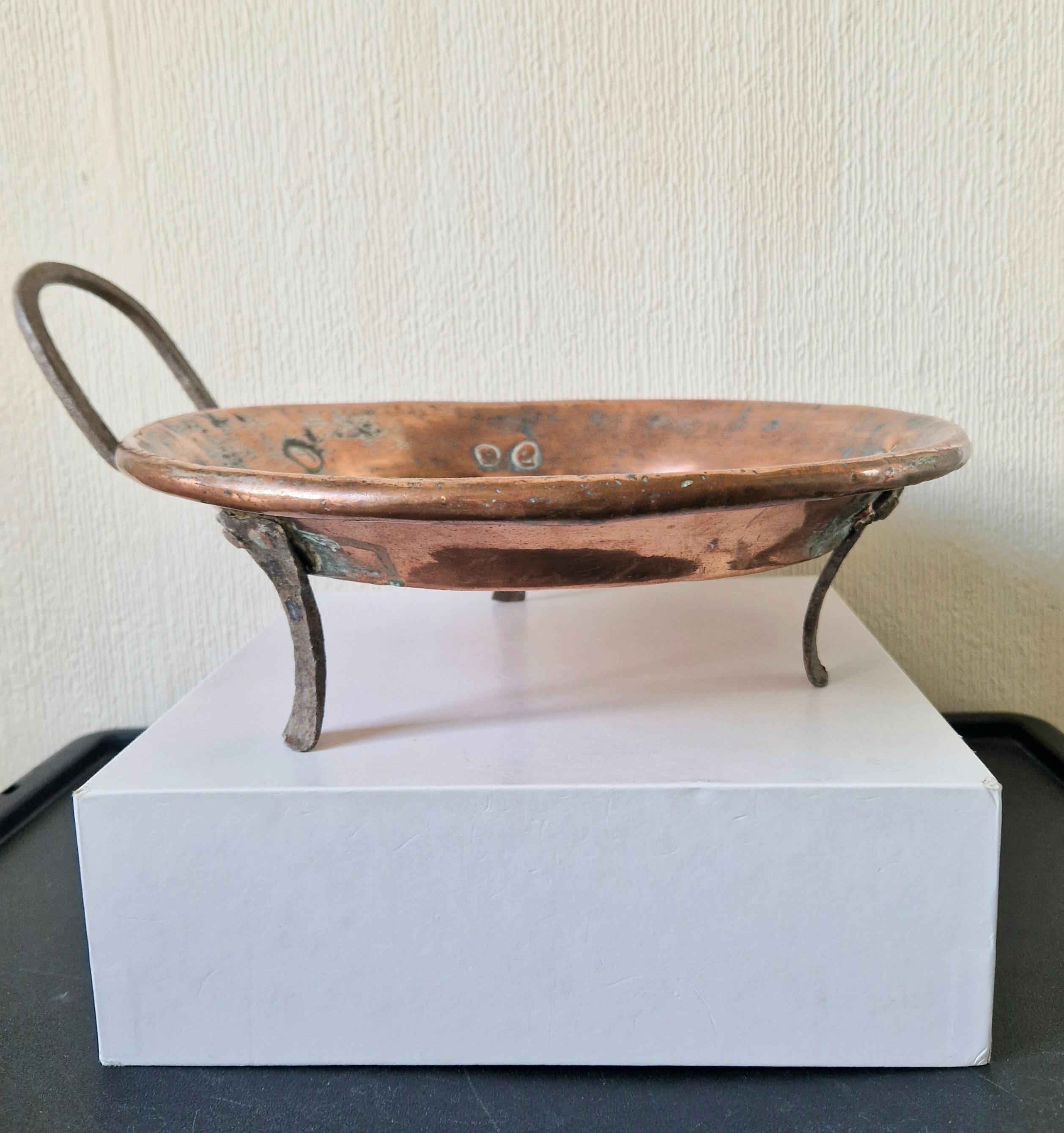 18th - 19th Century Copper & Iron Handle French Tripod Footed Tart Pan Rare Antique Kitchenalia