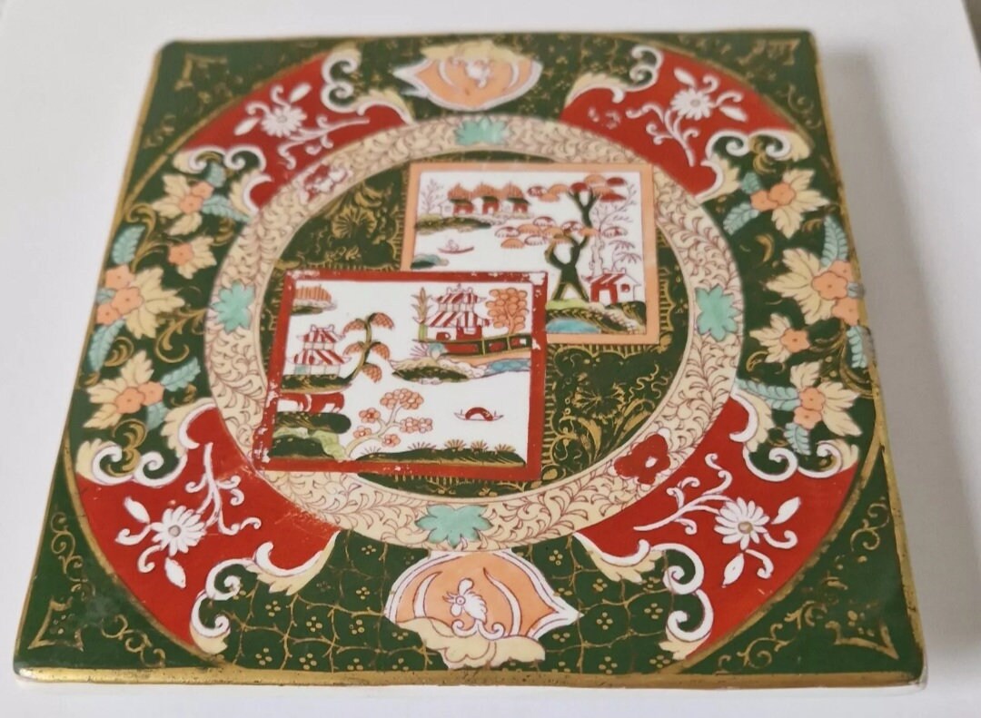 Antique Ashworth Bros. Masons Ironstone Trivet Double Landscape Pattern Square Imari Rare 19th Century