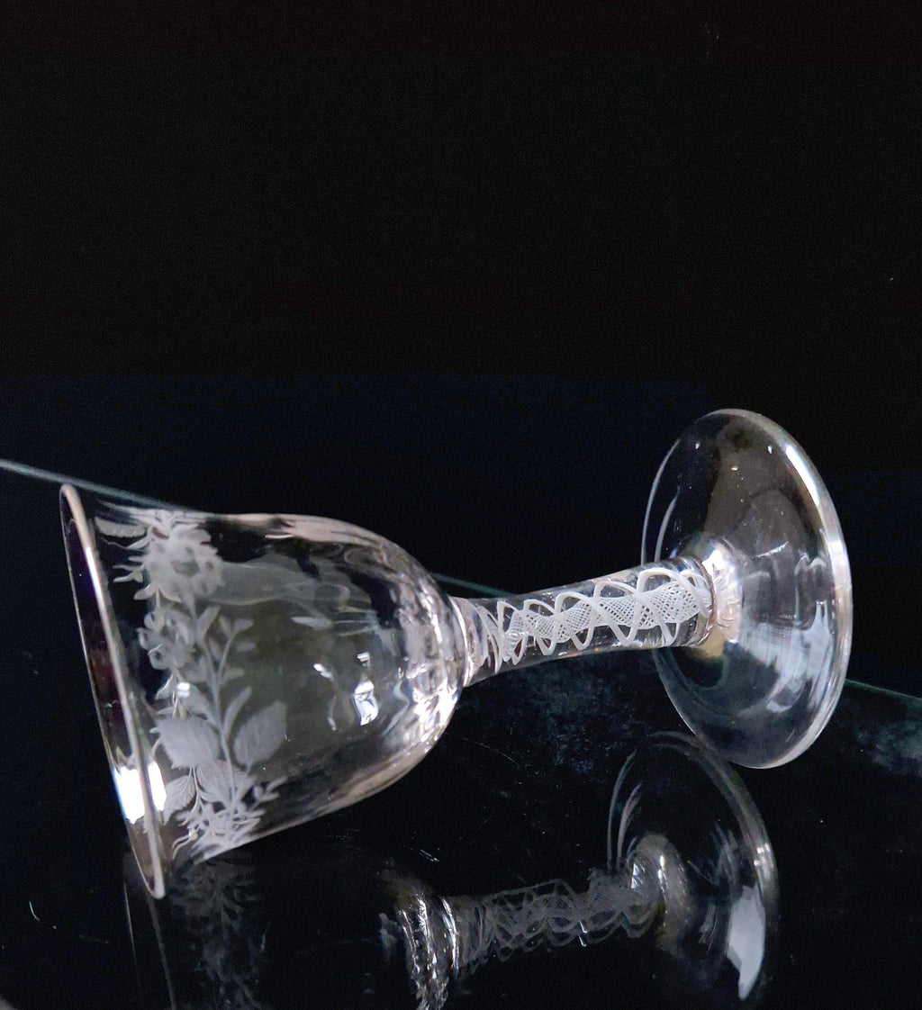 18th Century Jacobite Engraved Flute Moulded Double Series Airtwist Stem Cordial Liquor Glass