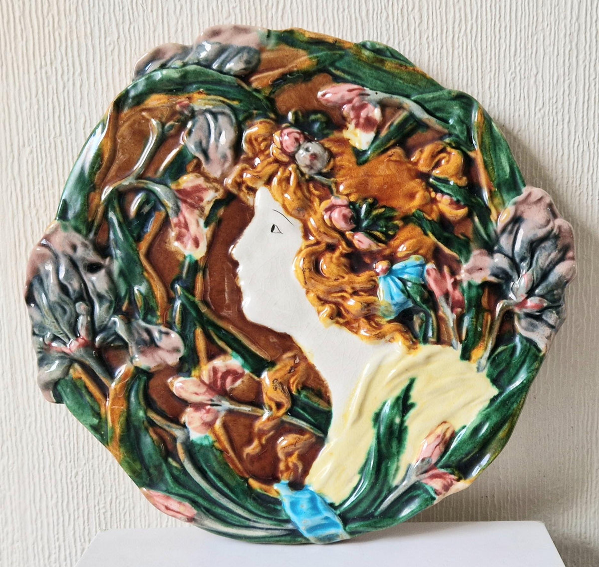 Antique Majolica Floral Yellow Dress Lady Handpainted Art Nouveau Ceramic Wall Plaque Roundel