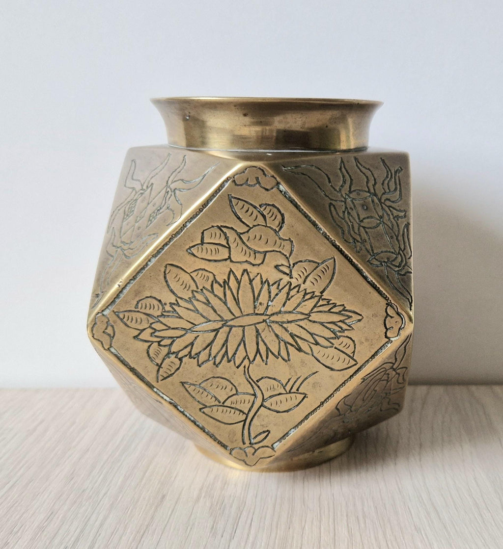 Antique Japanese Tetradecahedron Gilt Bronze Vase 14cm