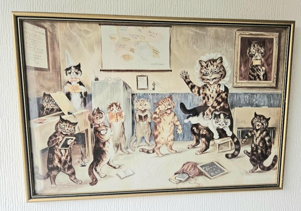 Original Vintage 1980s Lithograph Louis Wain "The Naughty Puss" Framed Picture 17" X 11.5"
