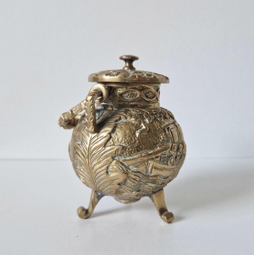 Antique Solid Brass Ornate Tri-Footed Cauldron With Handle Trinket Box