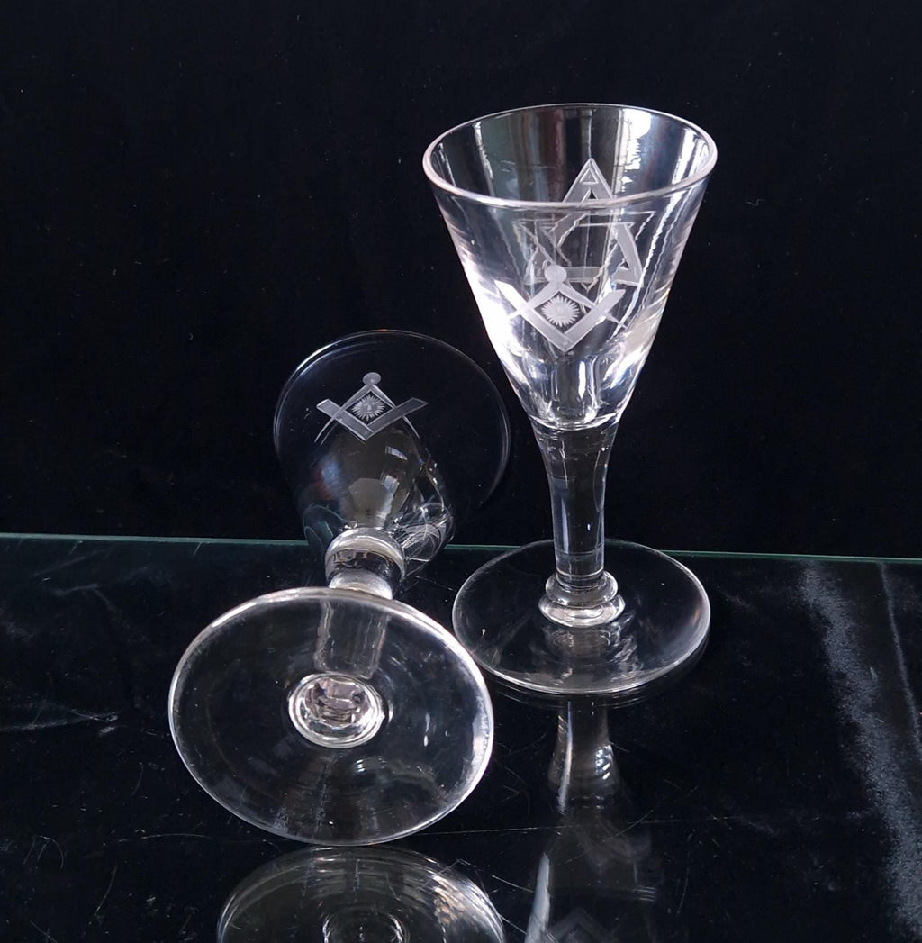 Antique Masonic Port Wine Glasses: 19th Century Engraved Crystal Pair