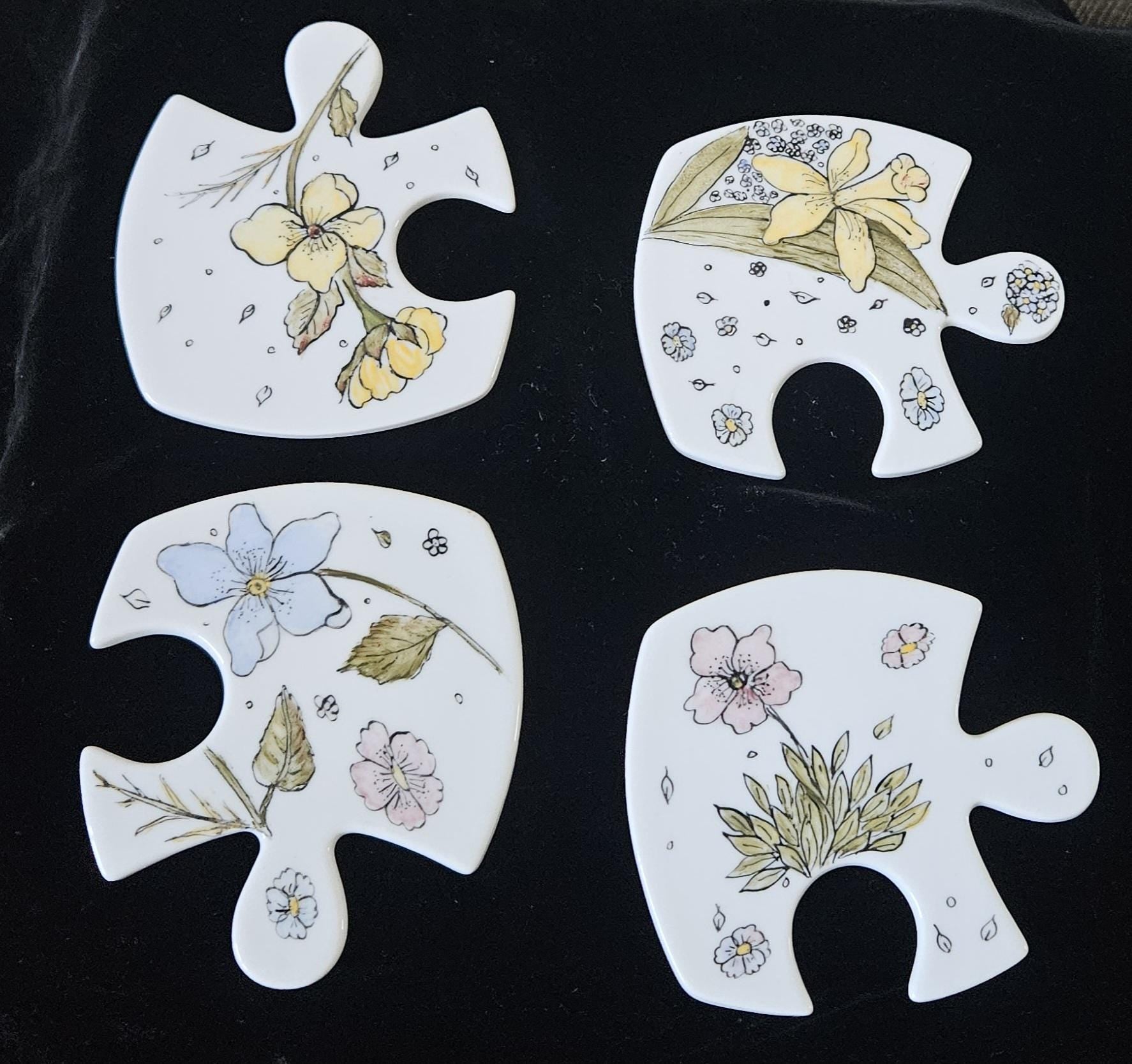 Vintage French Floral Ceramic Coasters: Jigsaw Puzzle Trivet