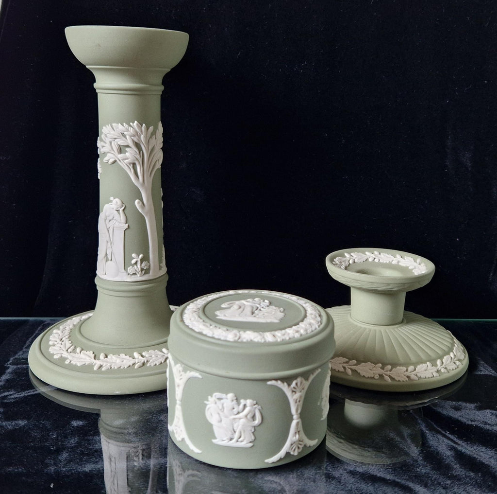 Vintage Wedgwood Sage Green Jasperware Neo Classical Candlestick Trinket Jar Set.