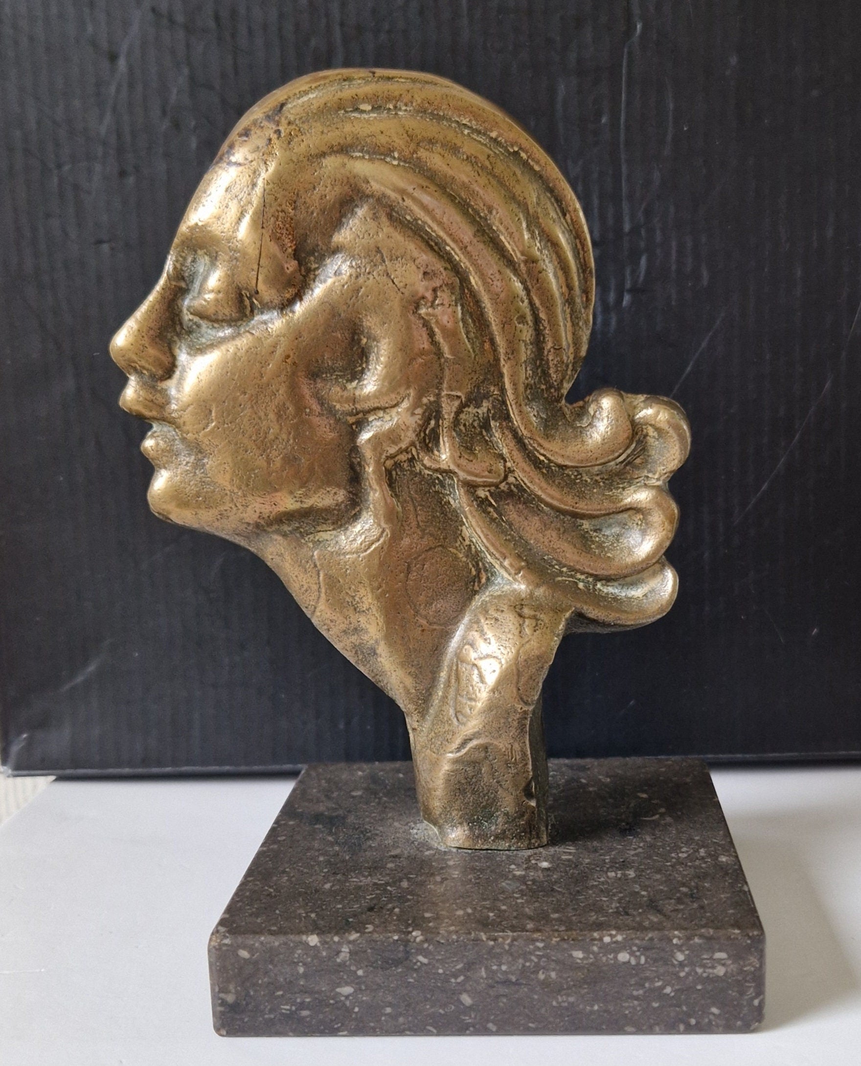 Art Deco Cast Bronze Girl's Head Profile Black Marble Mounted Desk Sculpture