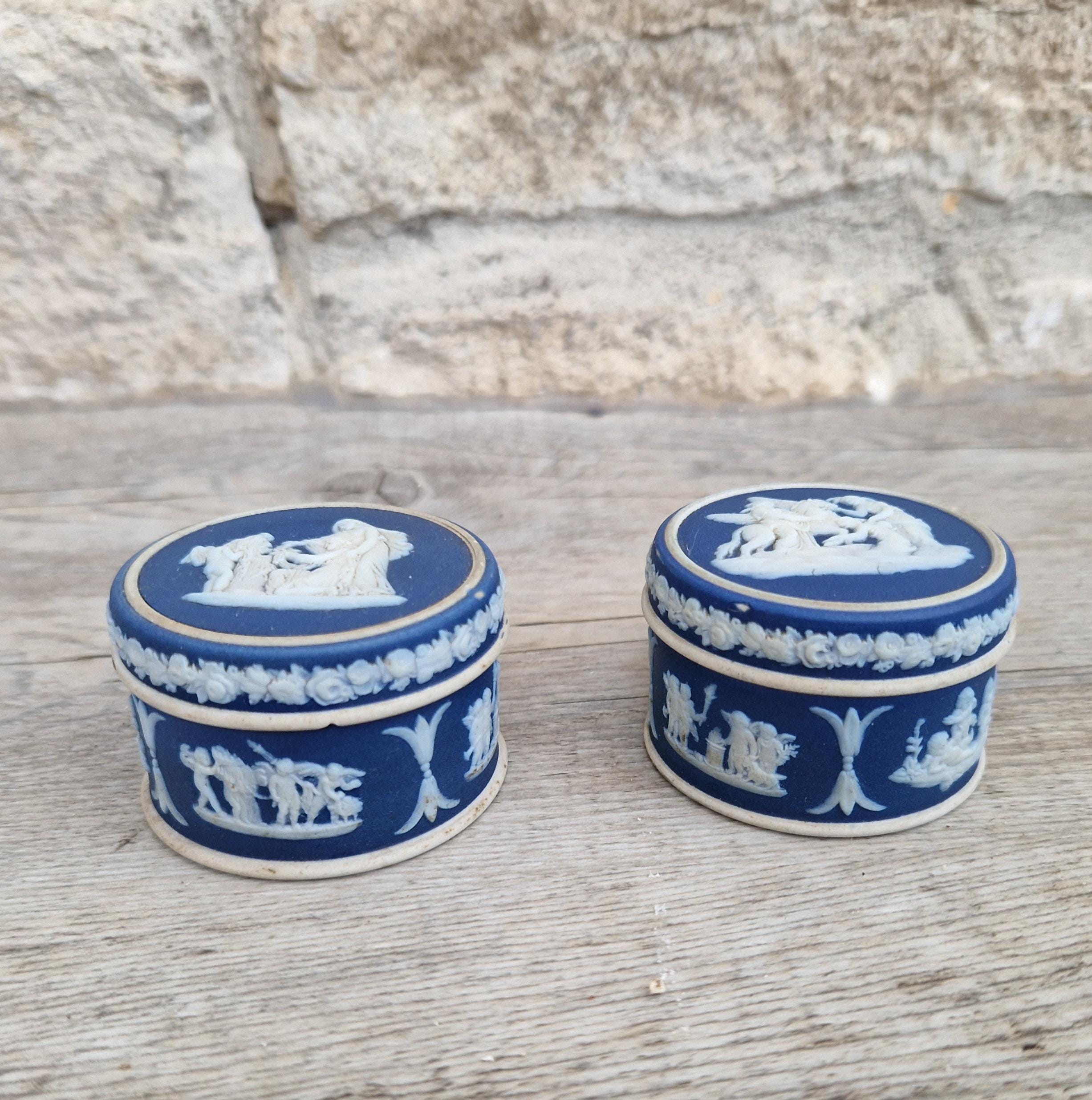 2 x Antique Wedgwood Neoclassical Dark Blue Jasperware Rouge Pot Patch Pot