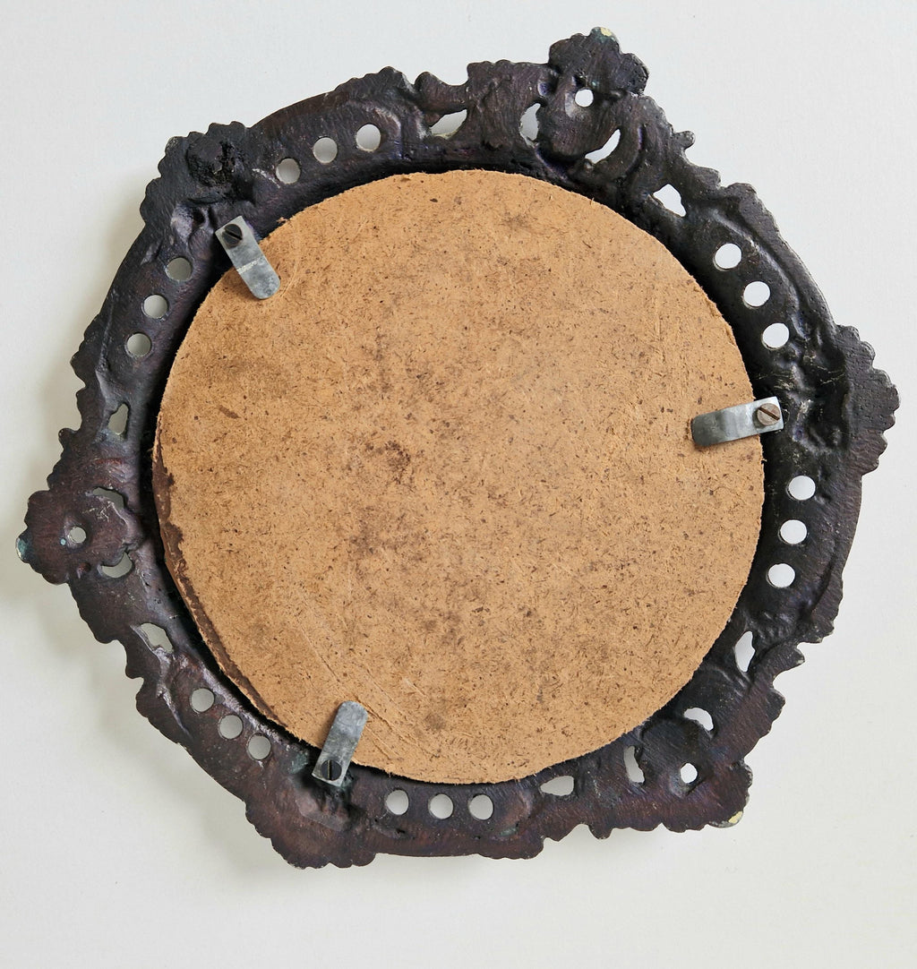 Antique Art Nouveau Heavy Cast Copper Metal Ornate Floral Rococo Round Wall Mirror 31cm