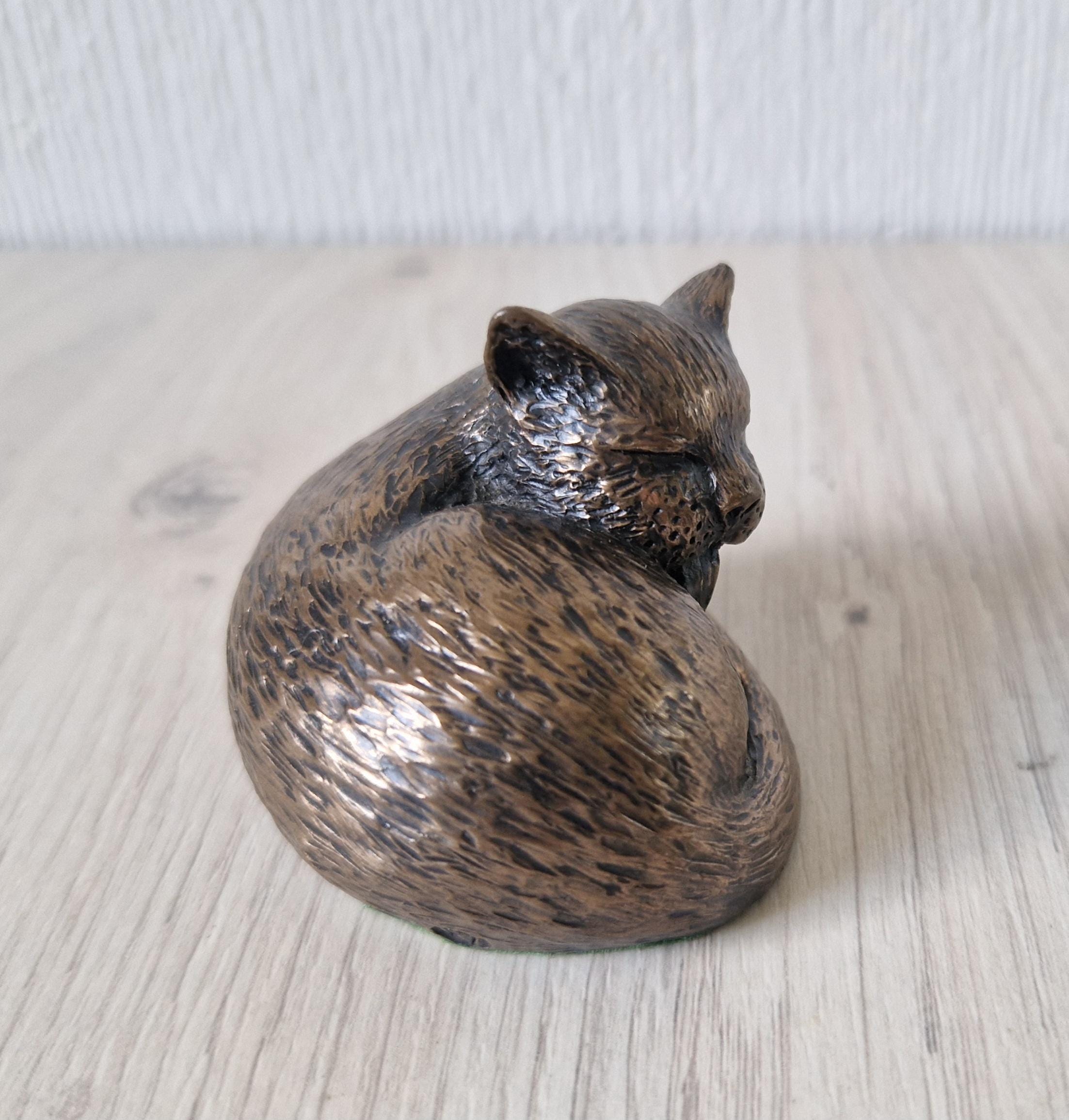 Vintage Cold Cast Bronze Resin Curled Licking Cat Figure Ornament