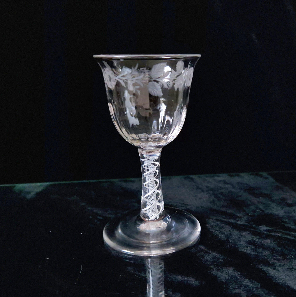 18th Century Jacobite Engraved Flute Moulded Double Series Airtwist Stem Cordial Liquor Glass