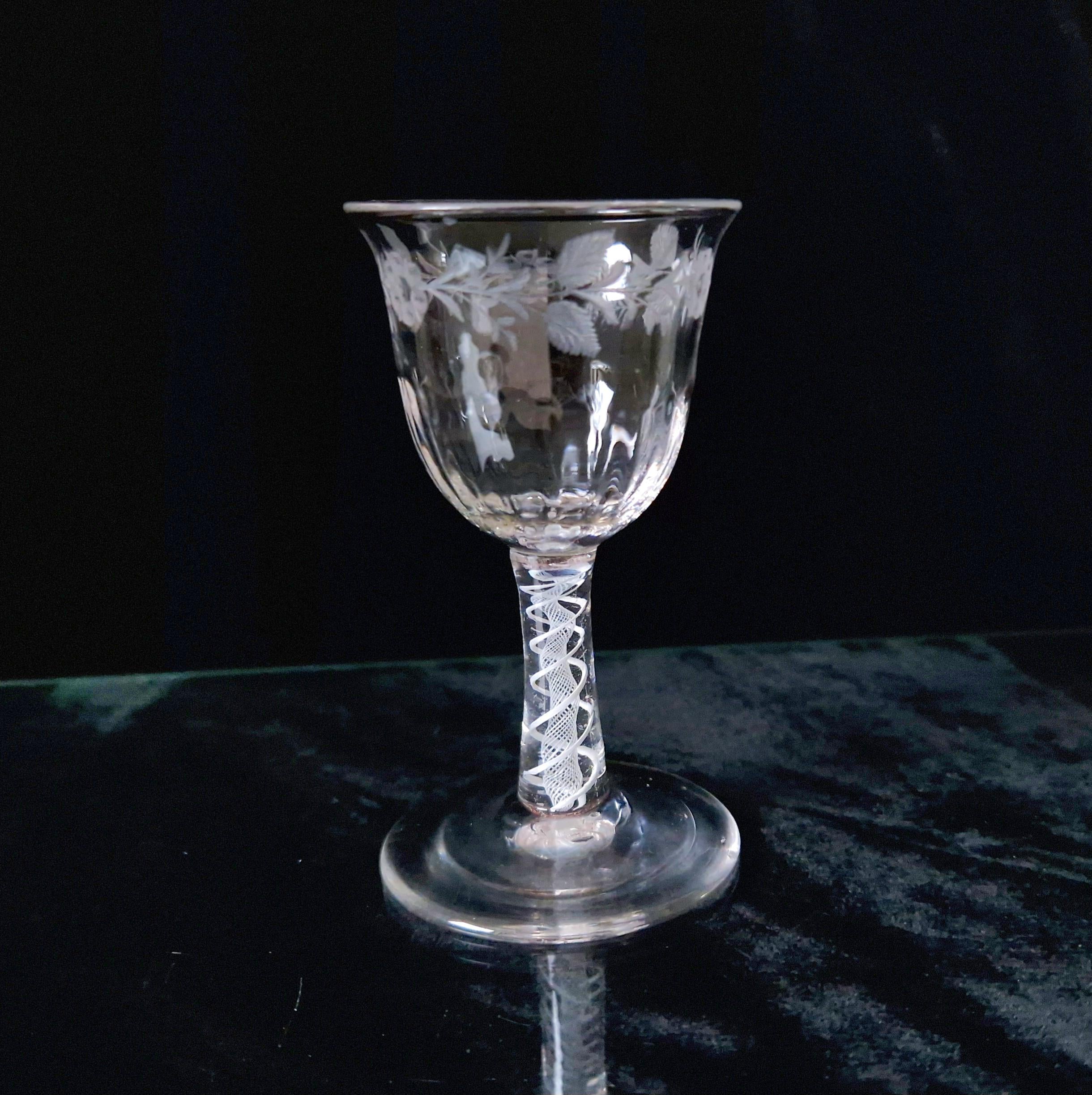 18th Century Jacobite Engraved Flute Moulded Double Series Airtwist Stem Cordial Liquor Glass