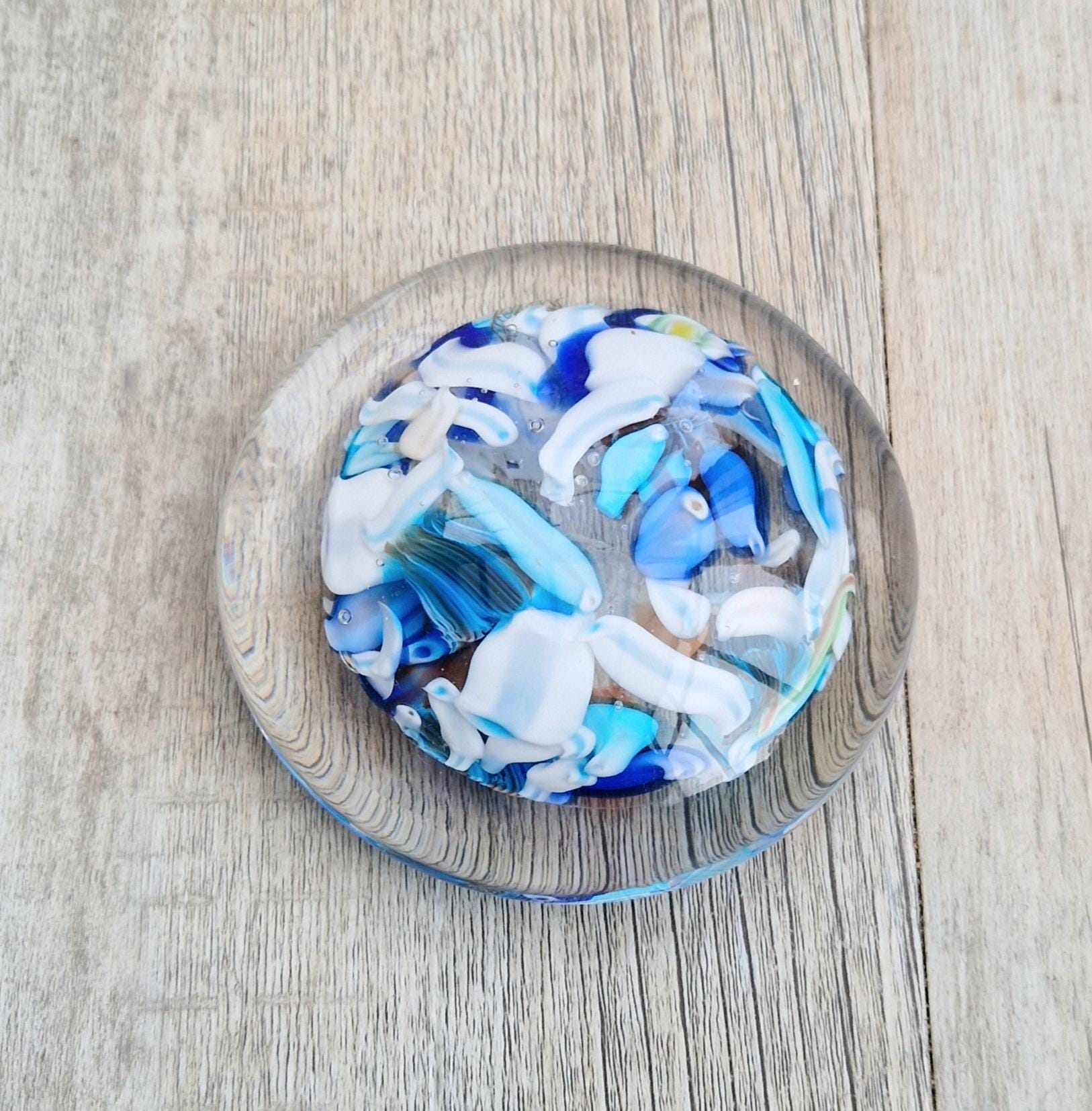 Large Murano Art Glass Stretched Blue Cane Disc Paperweight