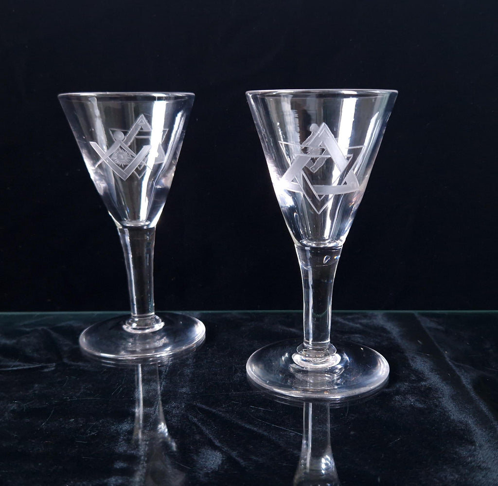 Antique Masonic Port Wine Glasses: 19th Century Engraved Crystal Pair