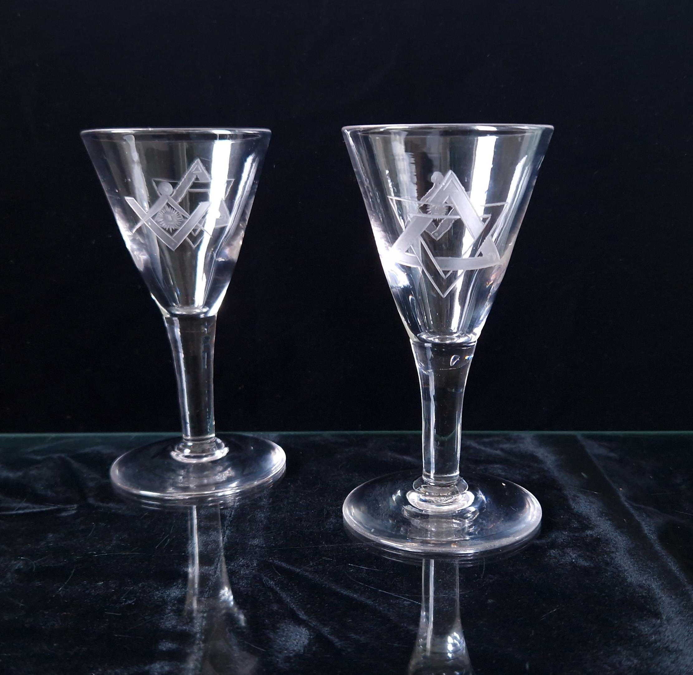 Antique Masonic Port Wine Glasses: 19th Century Engraved Crystal Pair