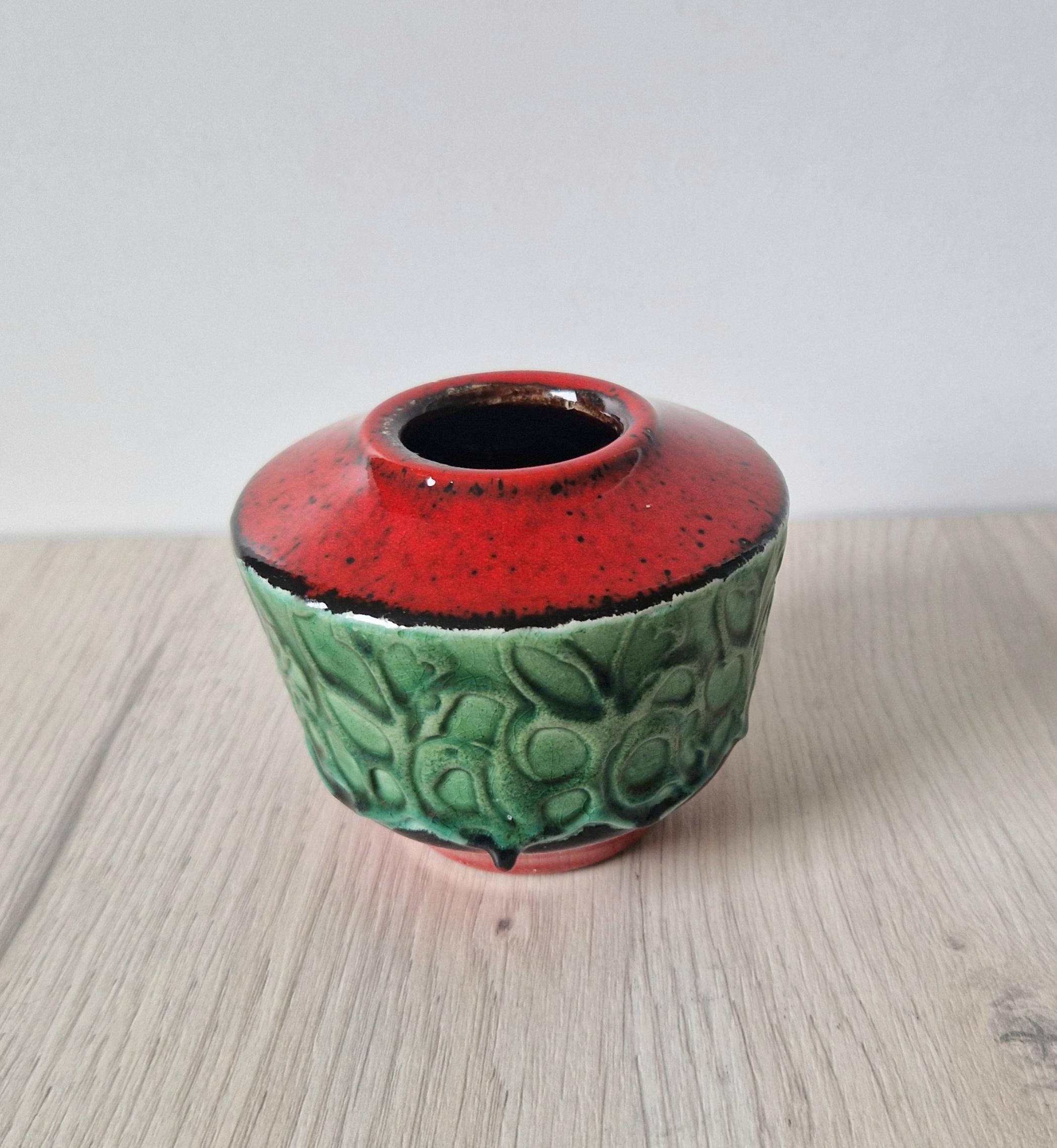 Mid-Century West German Green & Red Squat Fat Lava Vase 8cm