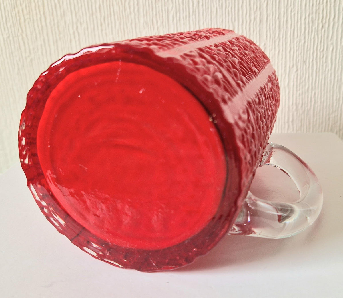 Large Bright Red Textured Cased Glass Tankard Rare Mid-Century Vintage Heavy Glass