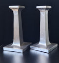 Pair of Solid Cast Aluminium Arts & Crafts Geometric Column Candlestick Holders