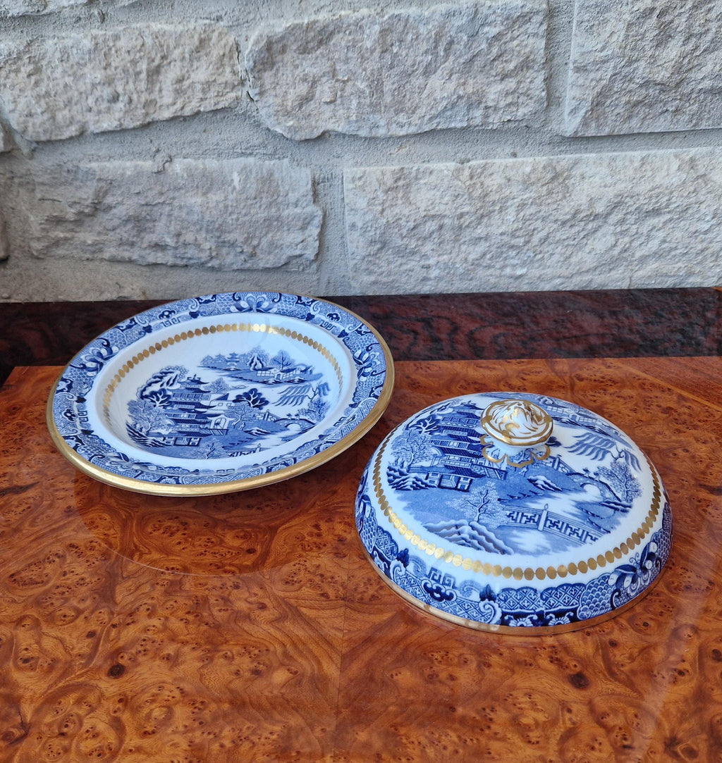 Davenport Blue & White Gilt Muffin Dish, England c.1870-1886