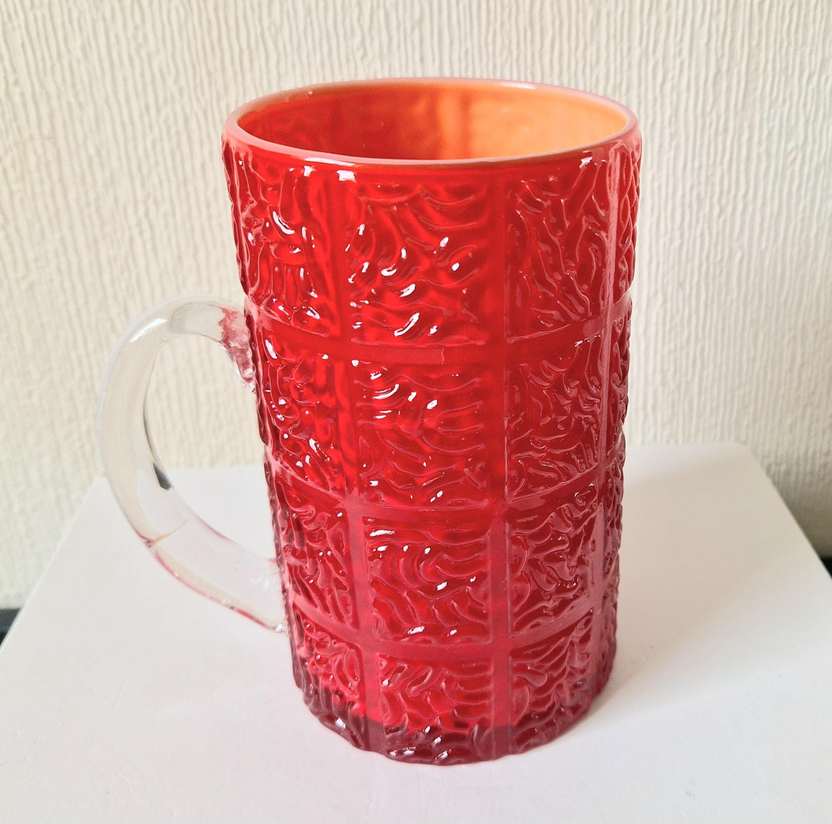Large Bright Red Textured Cased Glass Tankard Rare Mid-Century Vintage Heavy Glass