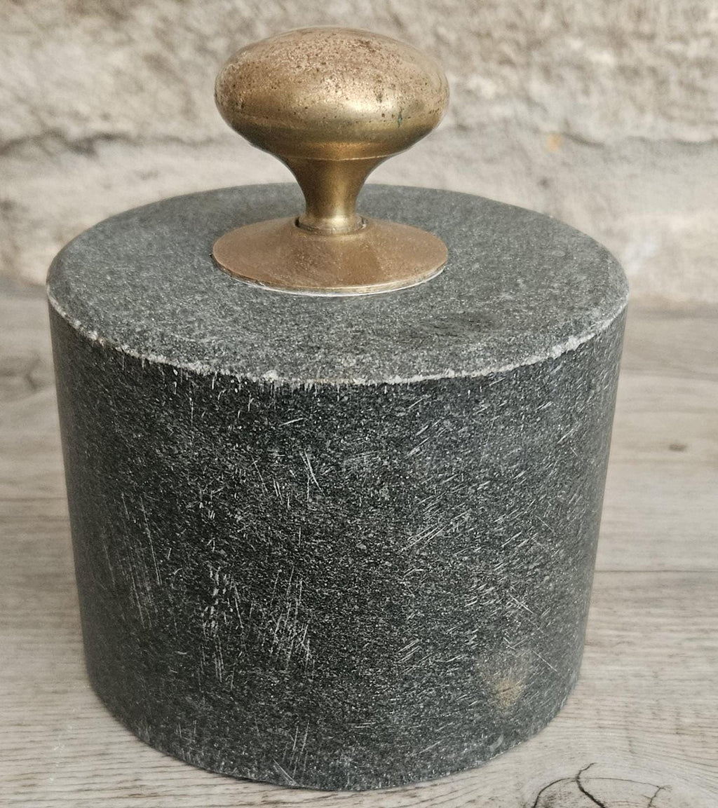 Original Mcm Green Stone Door Stop with Brass Handle Rustic Midcentury Circular Doorstop