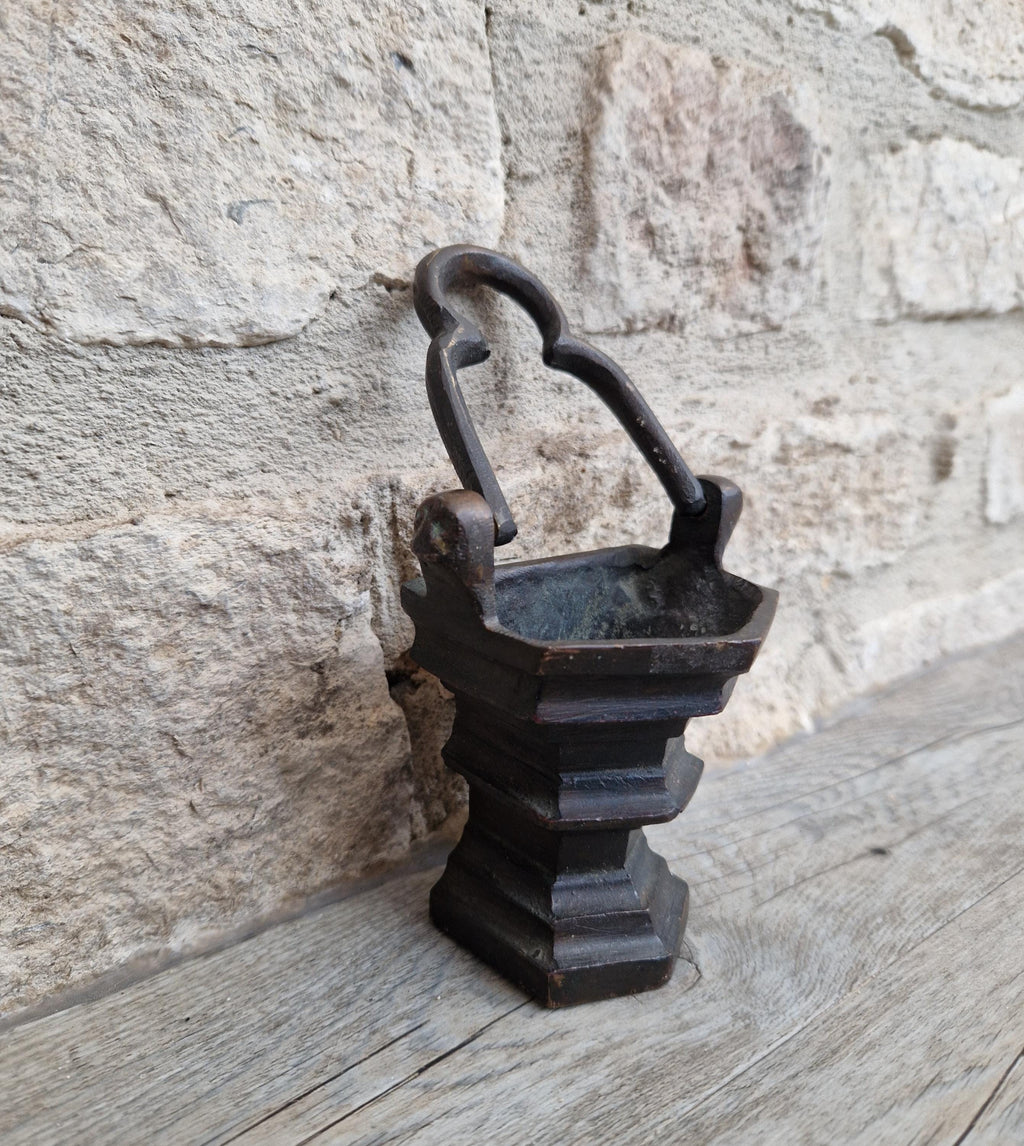 Antique Flemish Bronze Tri-Foil Handled Gothic Holy Water Pail c17th Century