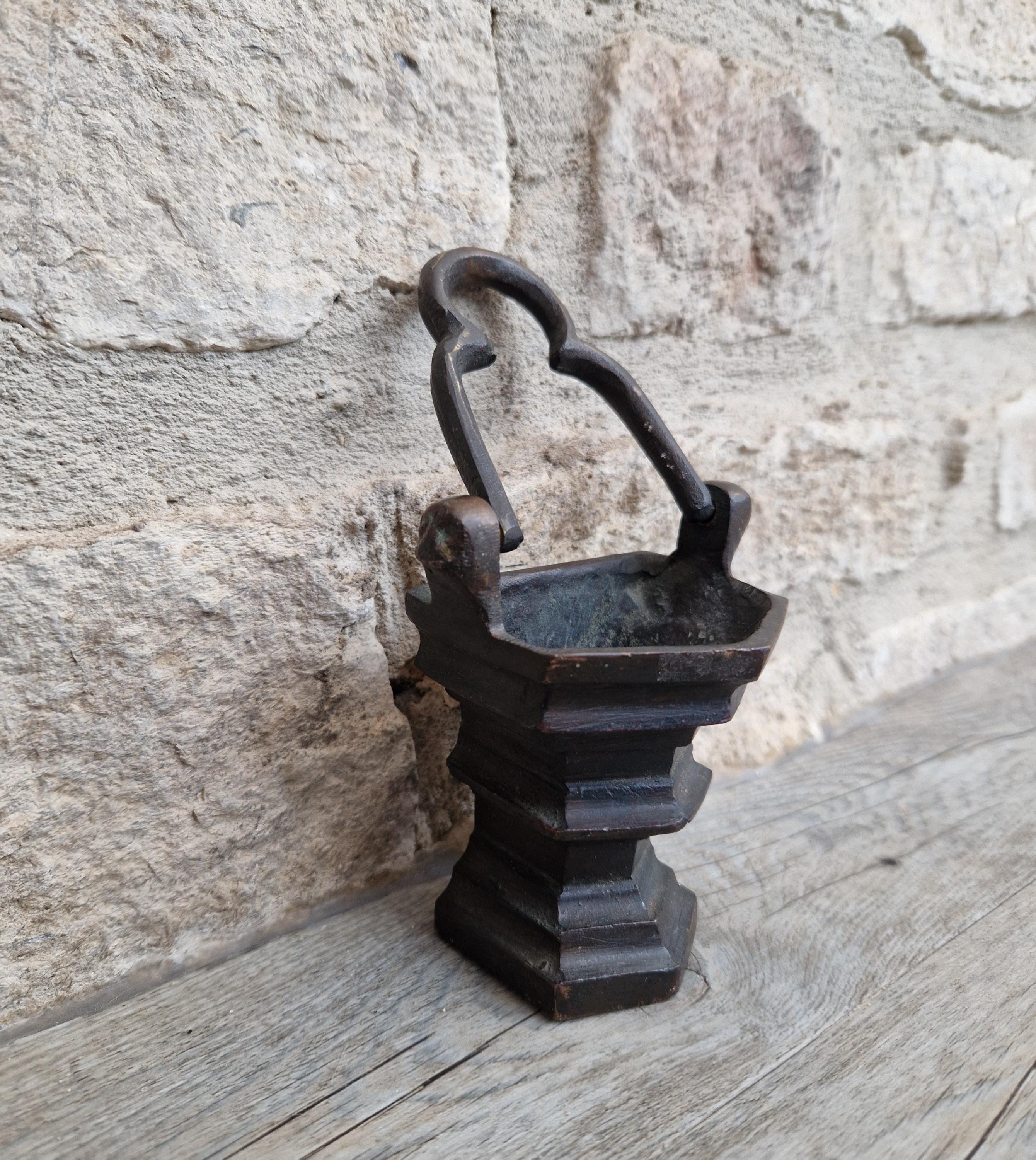 Antique Flemish Bronze Tri-Foil Handled Gothic Holy Water Pail c17th Century