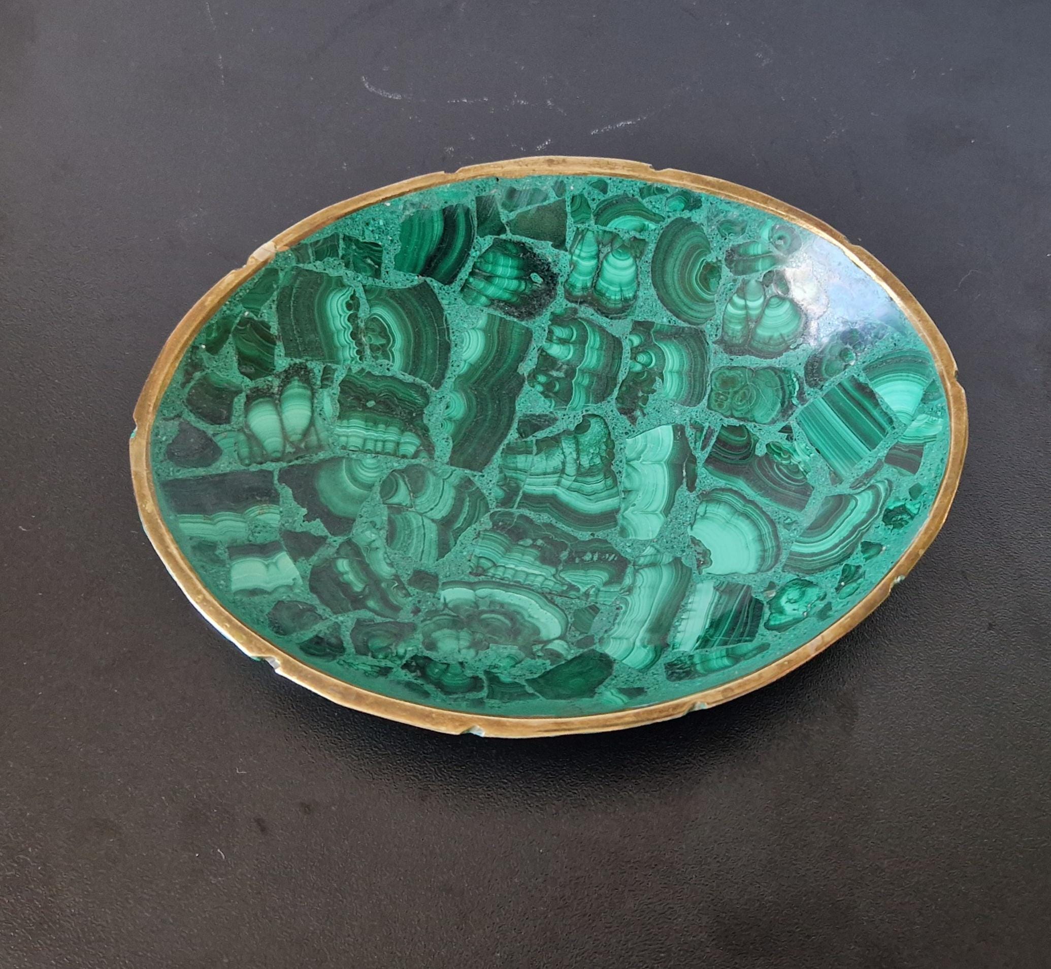 Fine Midcentury Malachite & Brass Oval Vide Poche Catch-All Decorative Bowl