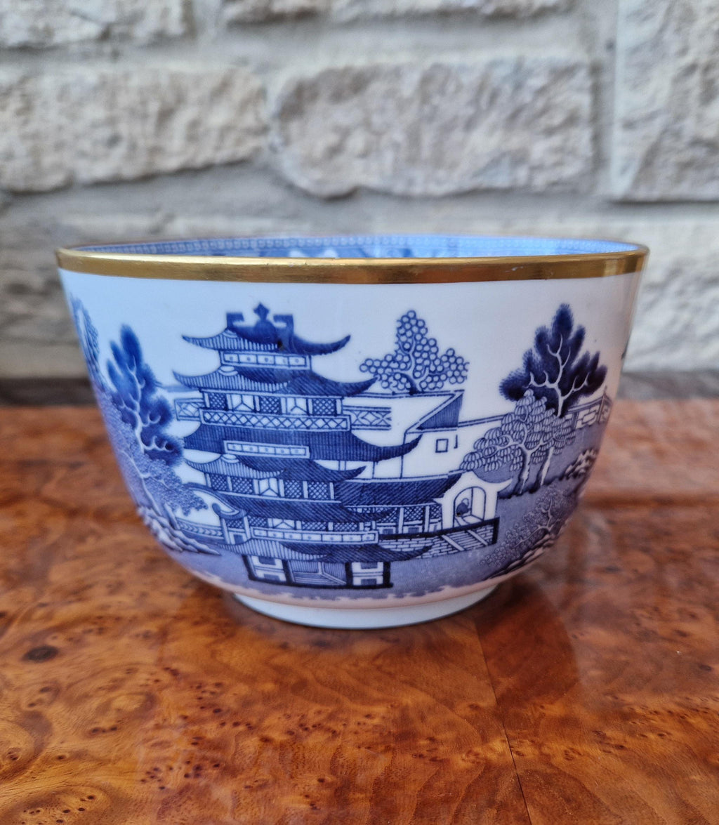 Davenport Longport England Blue & White Gilt Two Temples Porcelain Slop Bowl c.1870-1886