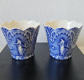 Vintage Staffordshire Pottery Planters: Blue & White Neoclassical Scalloped Edge