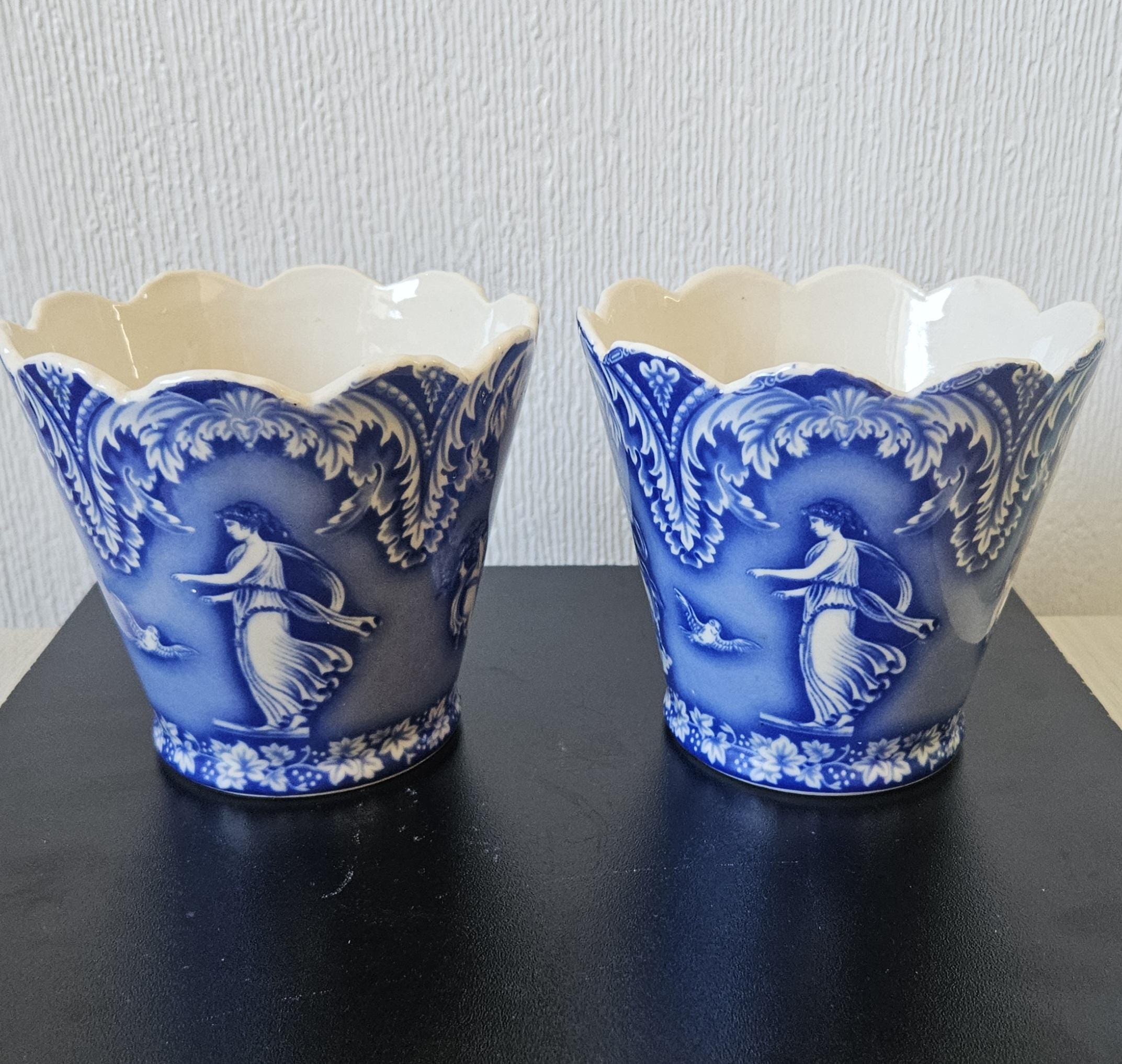 Vintage Staffordshire Pottery Planters: Blue & White Neoclassical Scalloped Edge